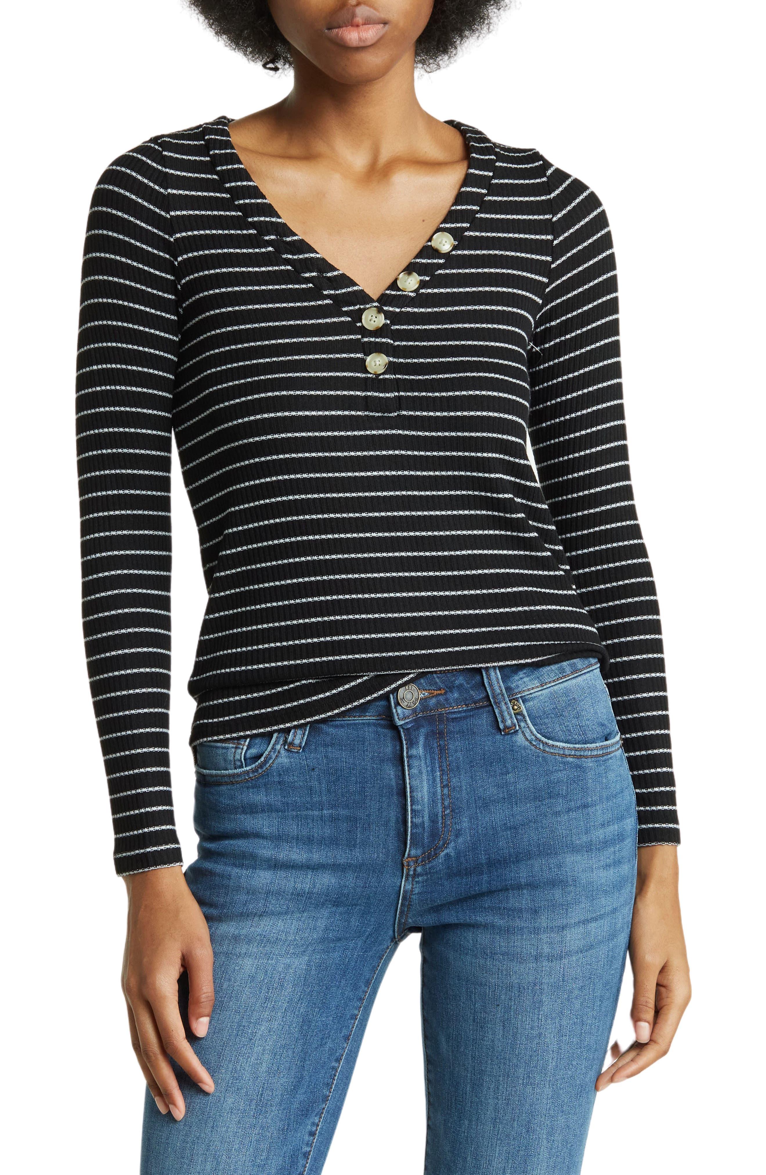 Lucky Brand Striped Long Sleeve Henely T-shirt in Black