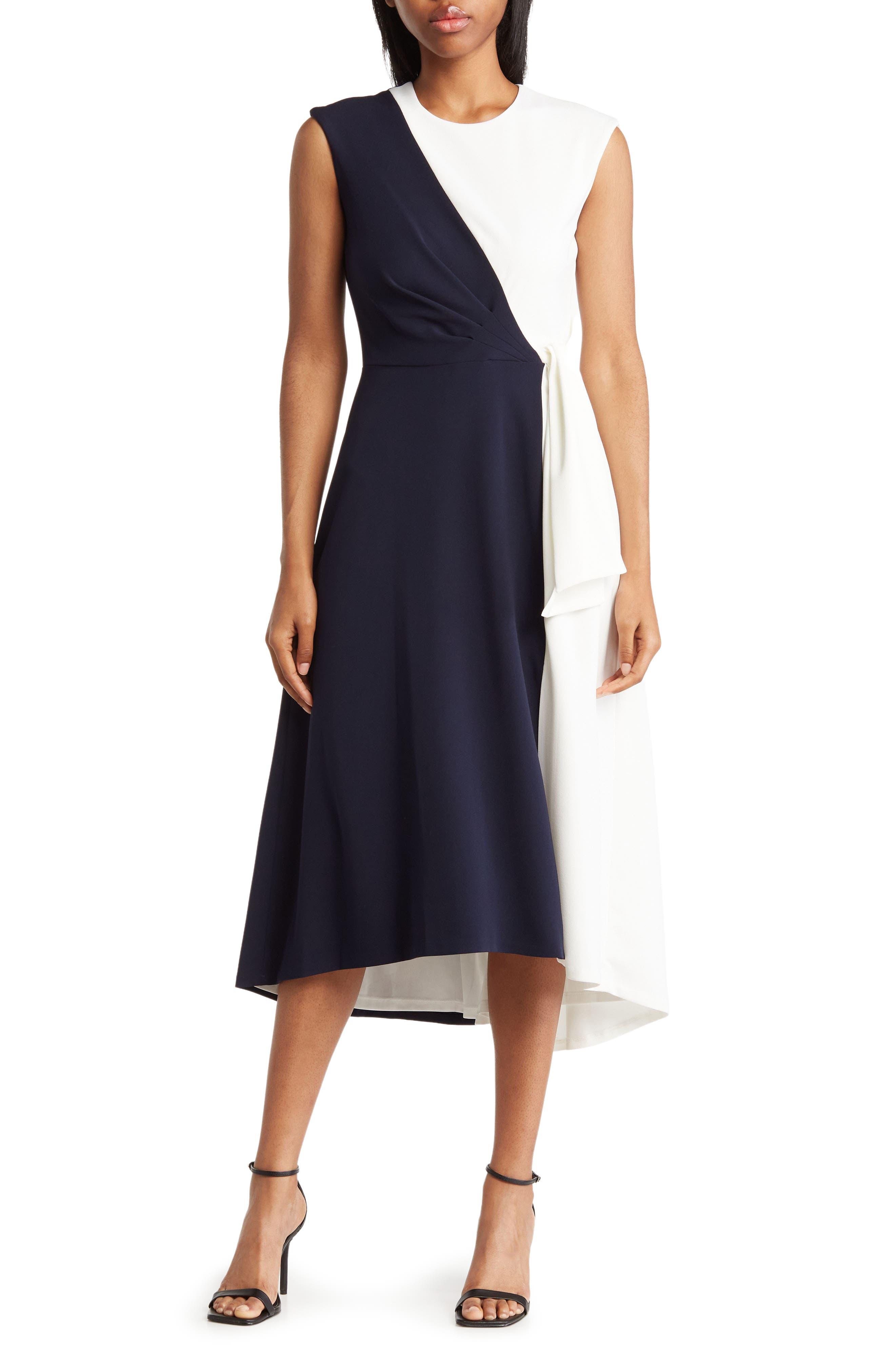 Calvin Klein Colorblock Sleeveless Tie Waist Midi Dress in Blue | Lyst