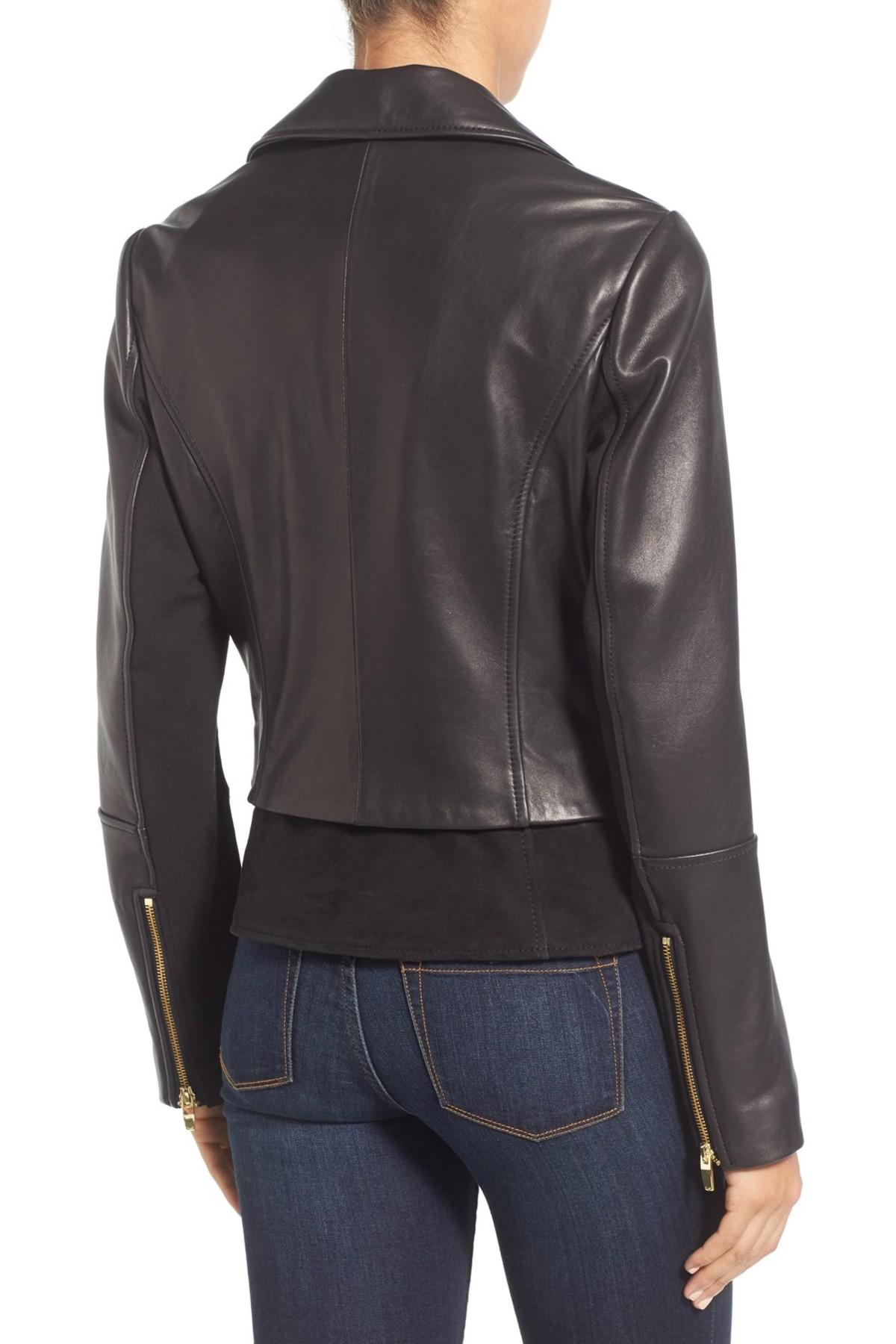Via Spiga Mixed Media Leather Moto Jacket in Black Lyst