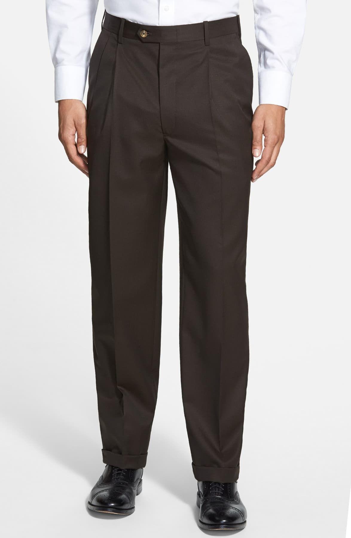 JB Britches Pleated Super 100s Worsted Wool Trousers in Brown for