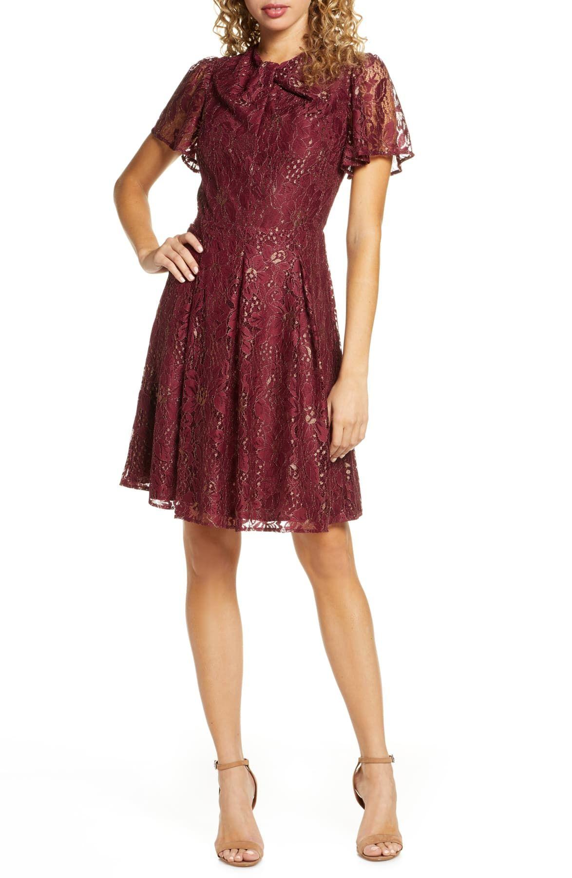 Chelsea28 Metallic Lace Short Sleeve Fit & Flare Dress in Red - Lyst