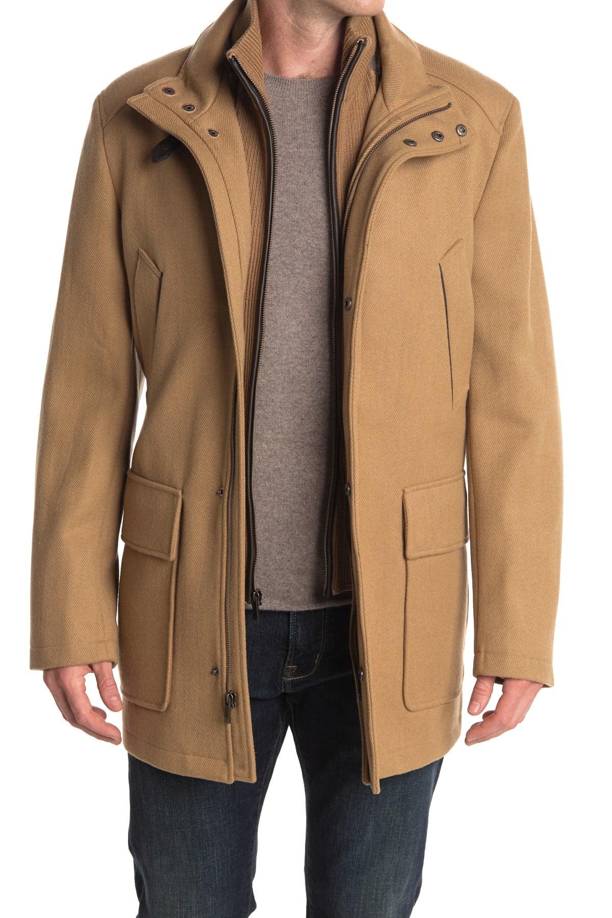 cole haan wool blend leather trim rib knit inset coat