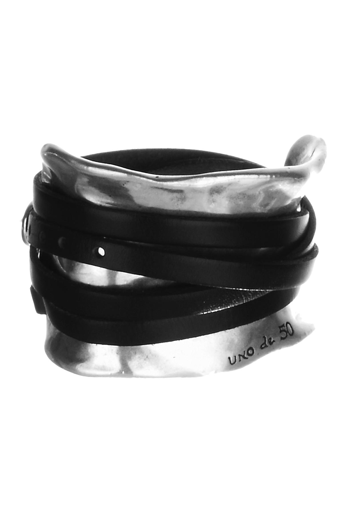 Uno De 50 Ibiza Silver Accent Wide Cuff Leather Strap Bracelet in Black |  Lyst