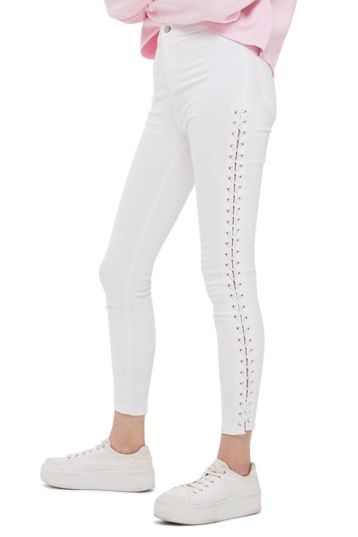 white lace up jeans