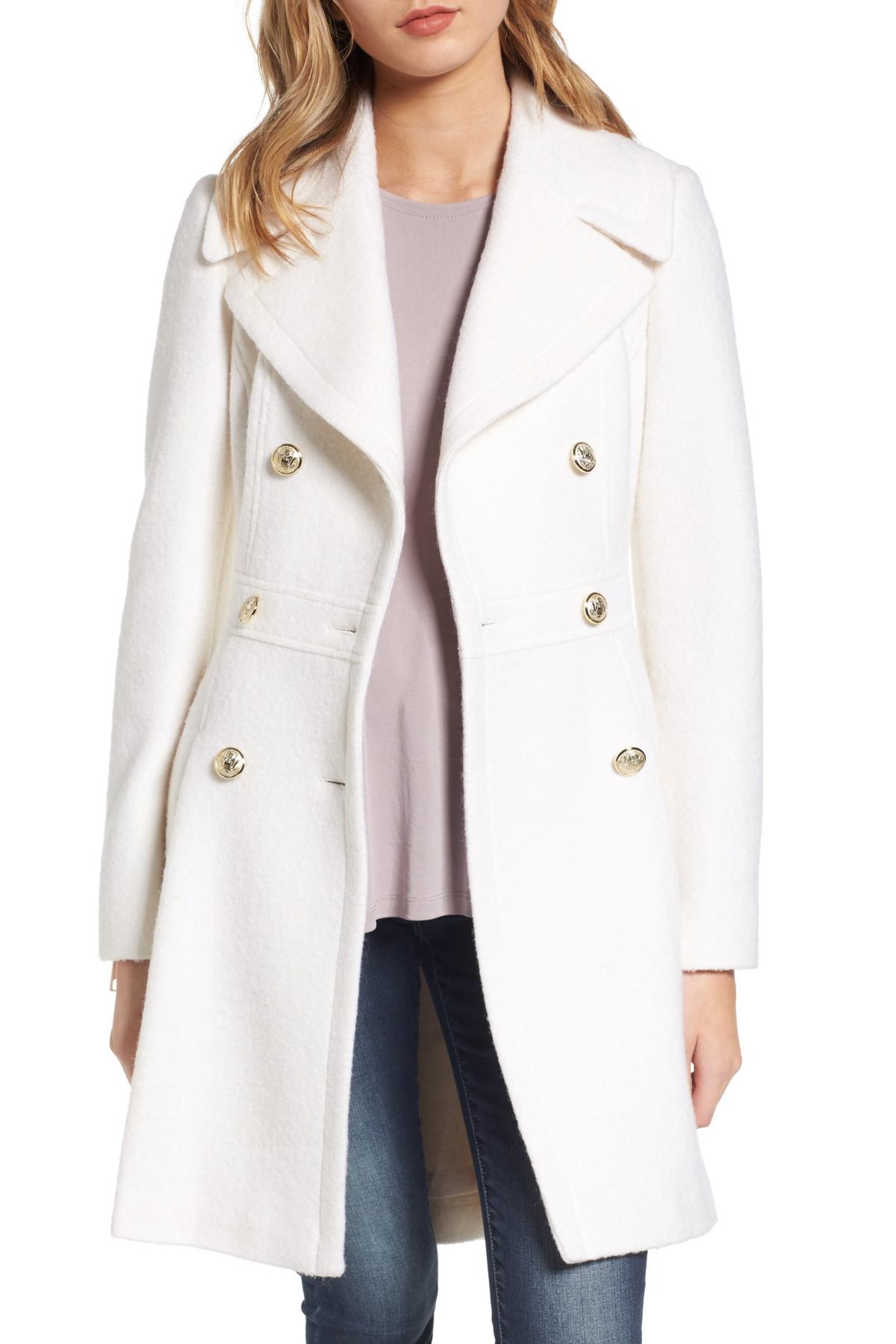 Guess Double Breasted Wool Blend Coat in White | Lyst