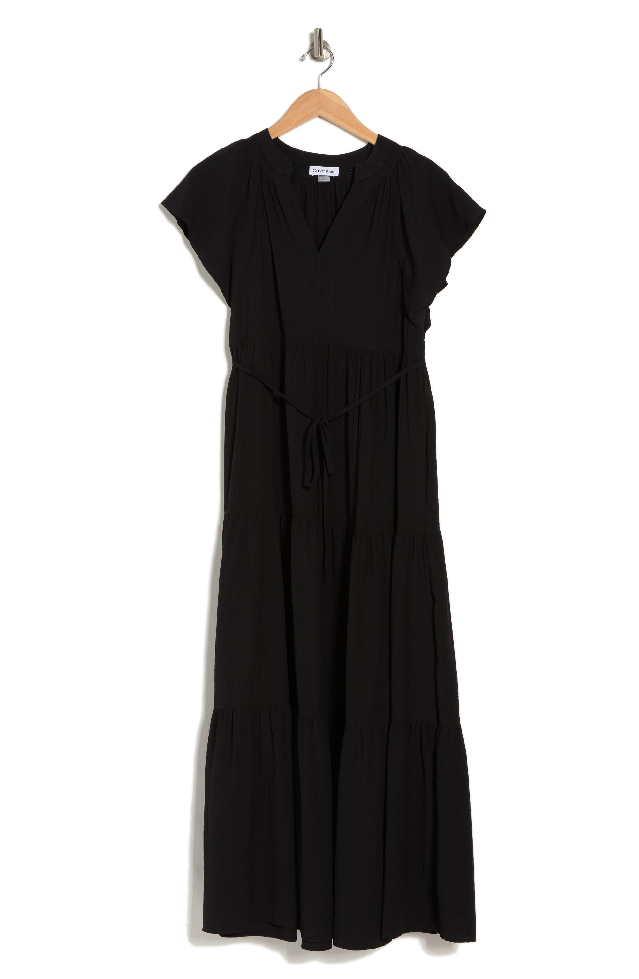 Calvin Klein Split V Tiered Gauze Maxi Dress in Black | Lyst