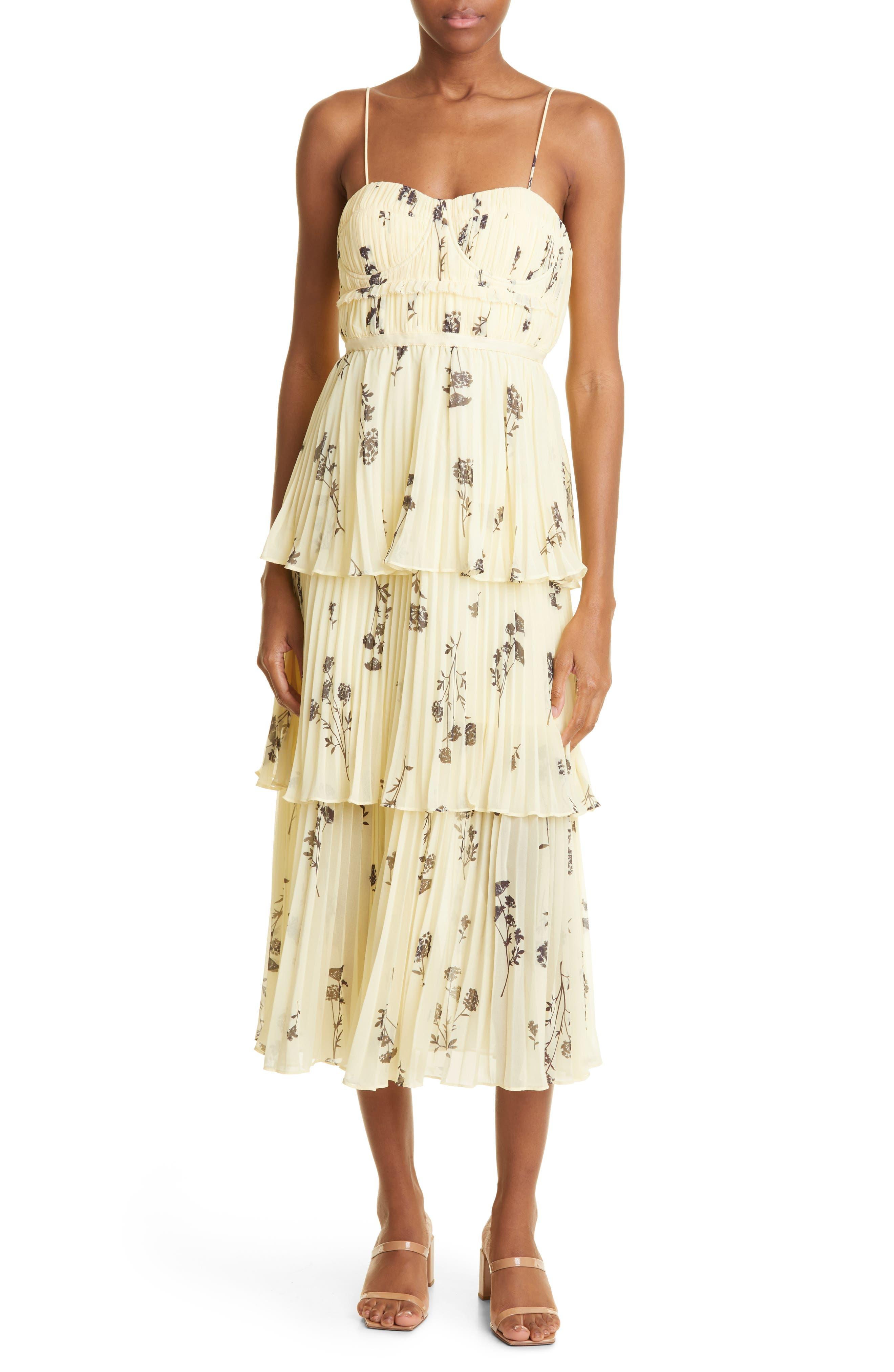 SelfPortrait Floral Silhouette Tiered Maxi Dress In Pastel Yellow At