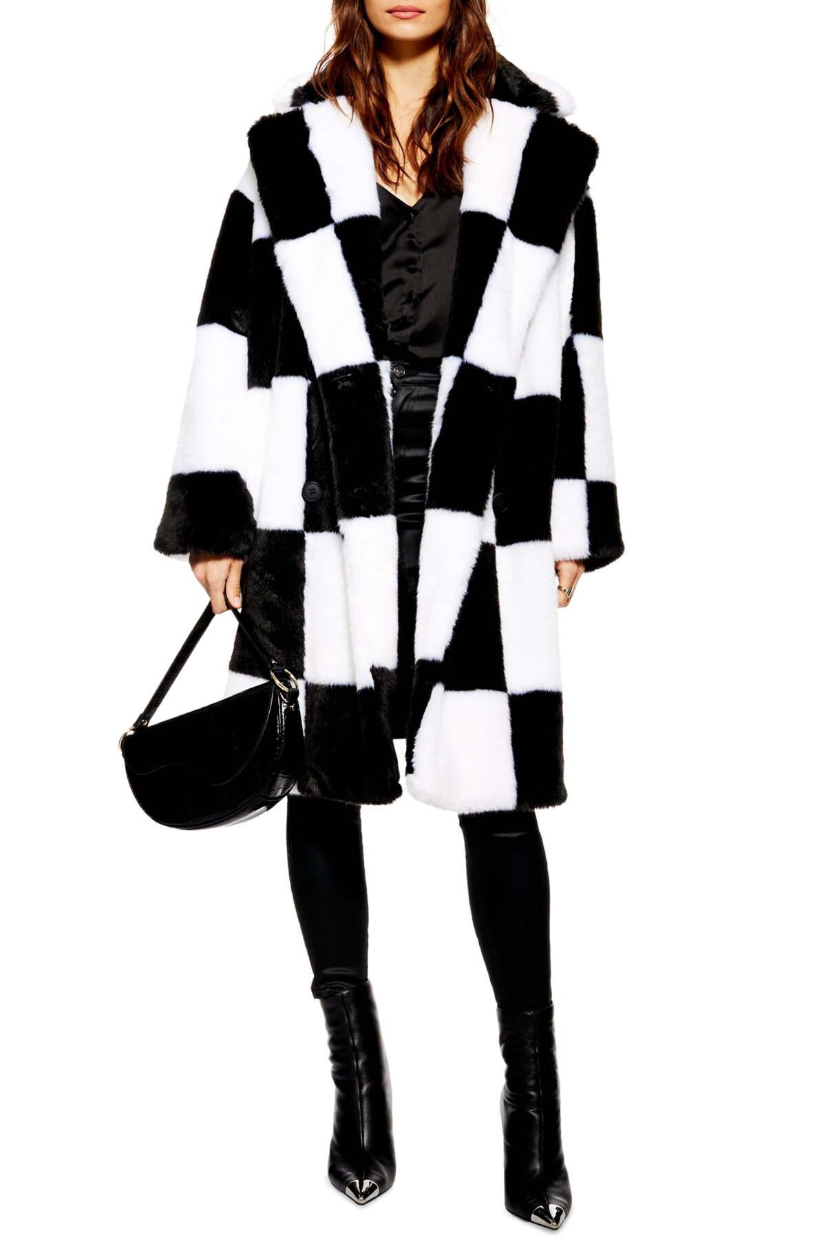 TOPSHOP Checkerboard Faux Fur Coat in Black | Lyst