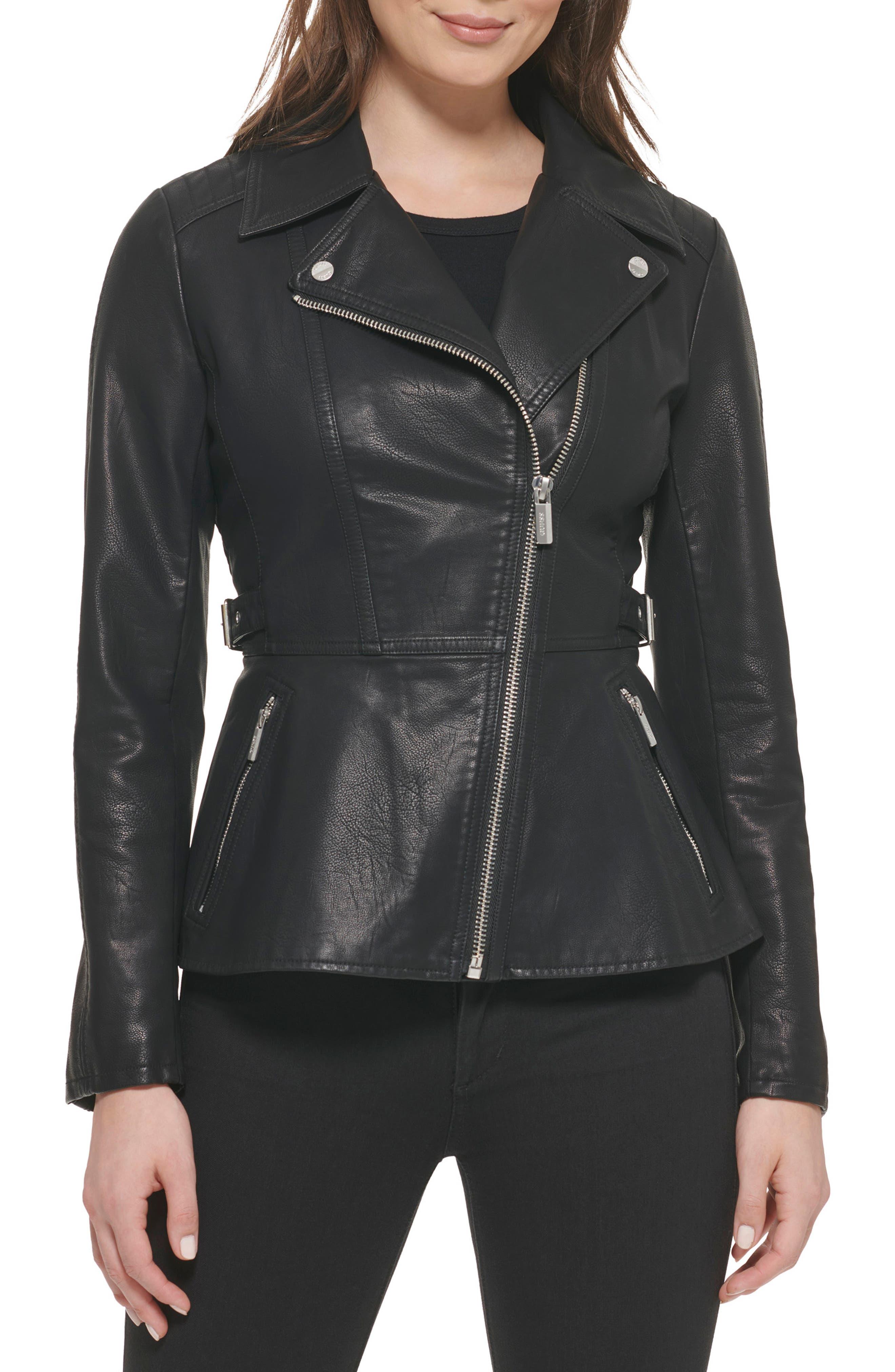 Guess Faux Leather Peplum Moto Jacket in Black | Lyst