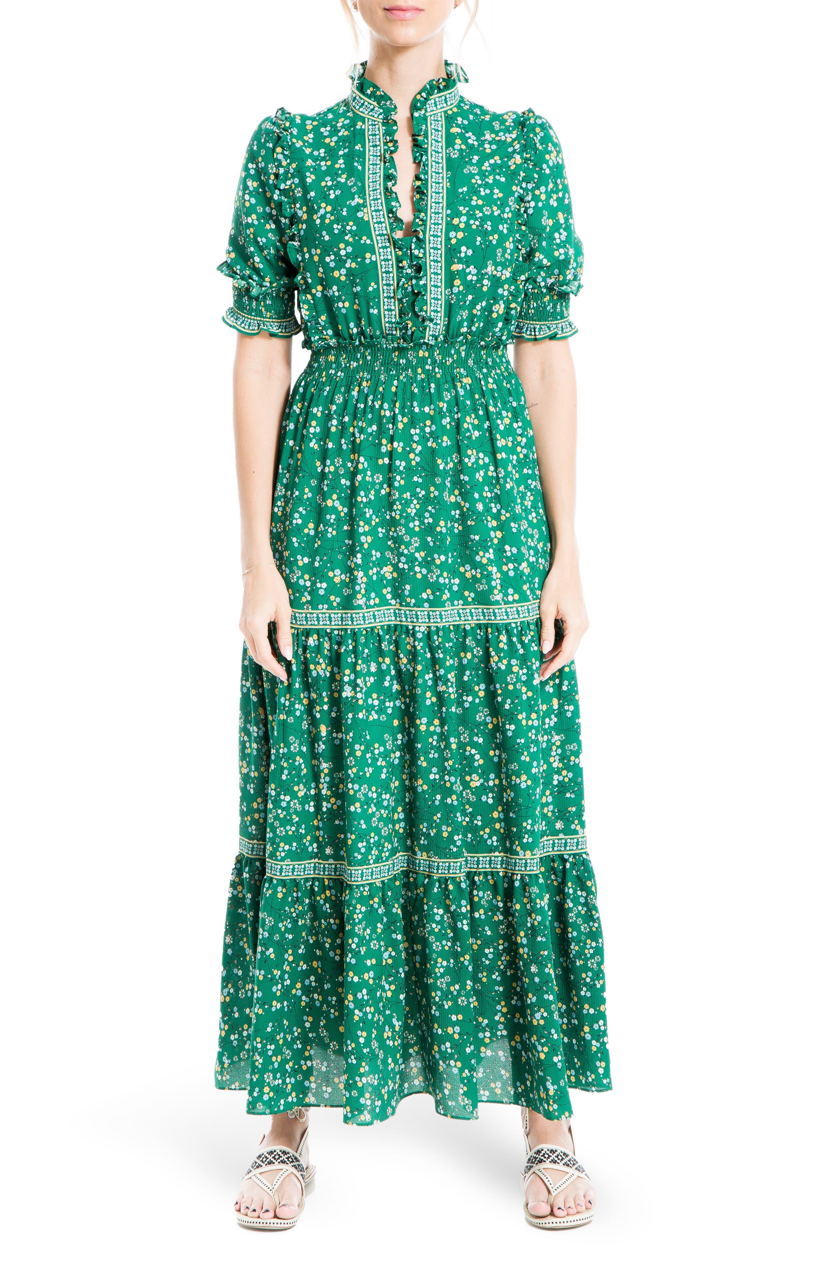 Max Studio Max Studio Ruffle Collar Print Tiered Maxi Dress In Green Wispy  Floral Stem At Nordstrom Rack | Lyst