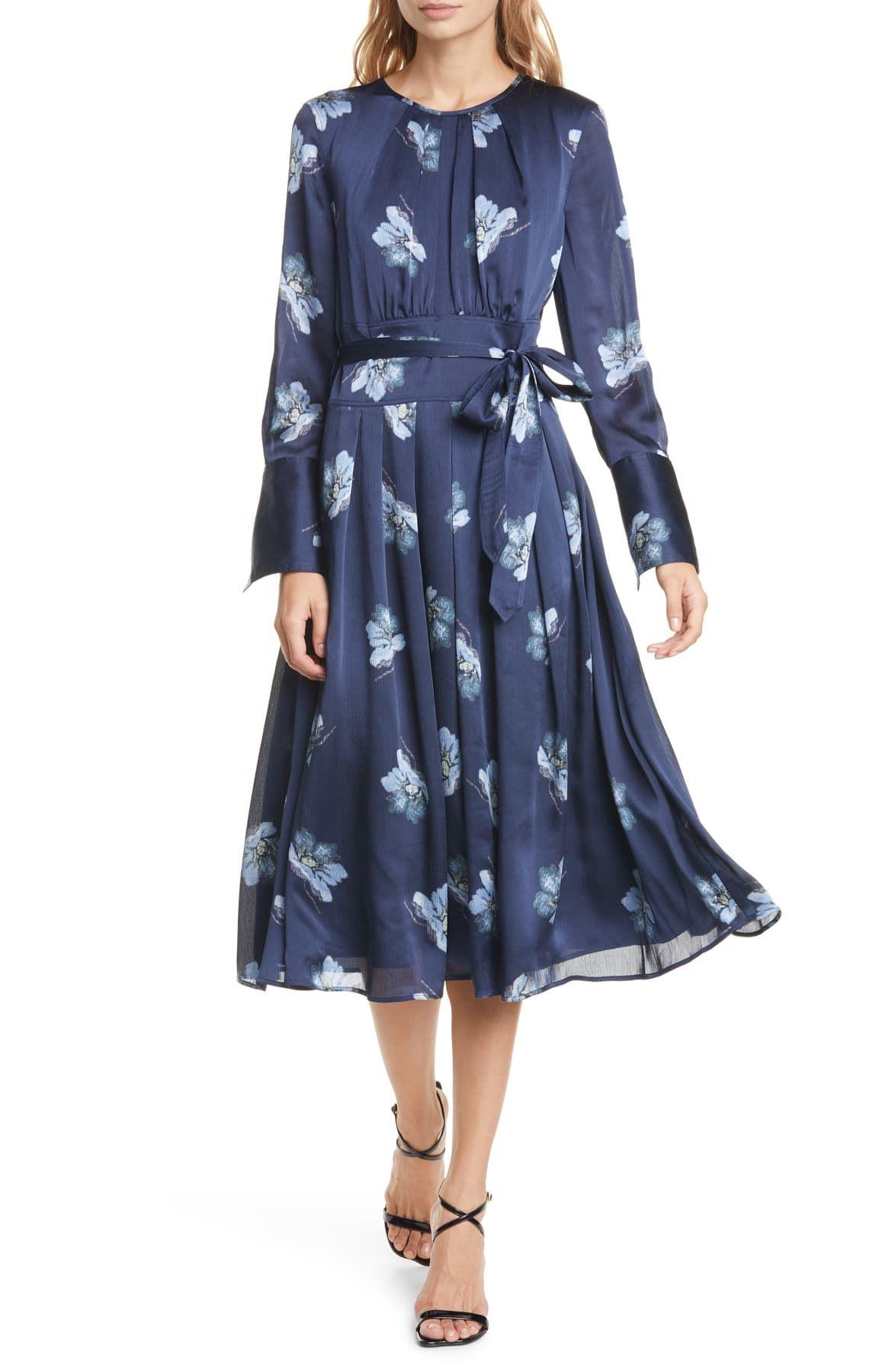 Club Monaco Synthetic Floral Belted Long Sleeve Midi Dress in Navy