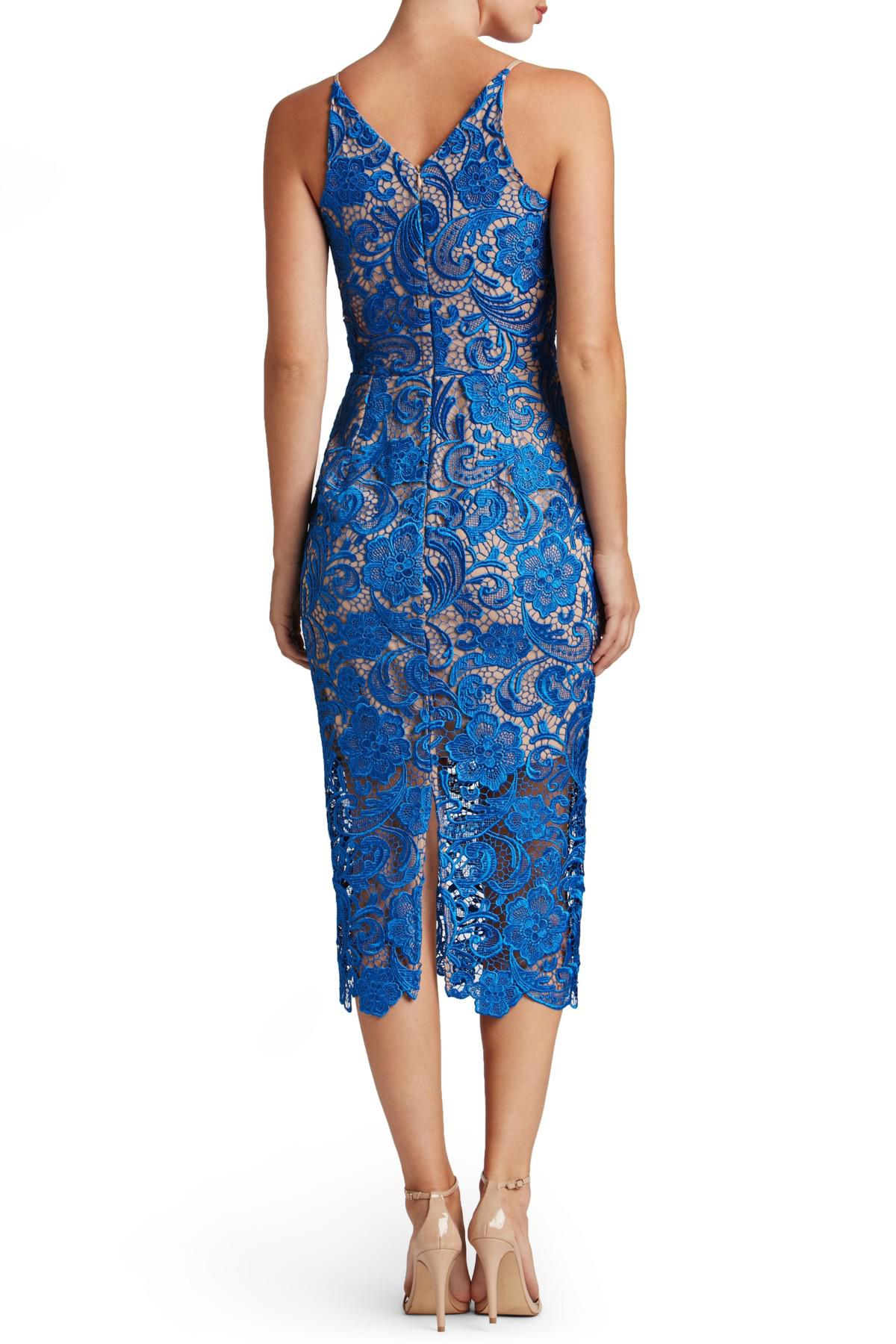 Dress the Population 'marie' Lace Midi Dress in Blue | Lyst