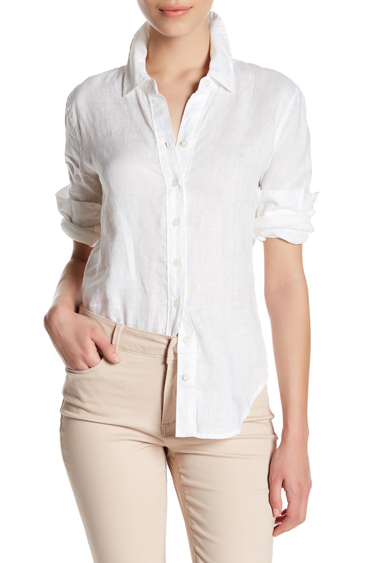 Workshop Long Sleeve Linen Button Up Shirt (petite) in White - Lyst