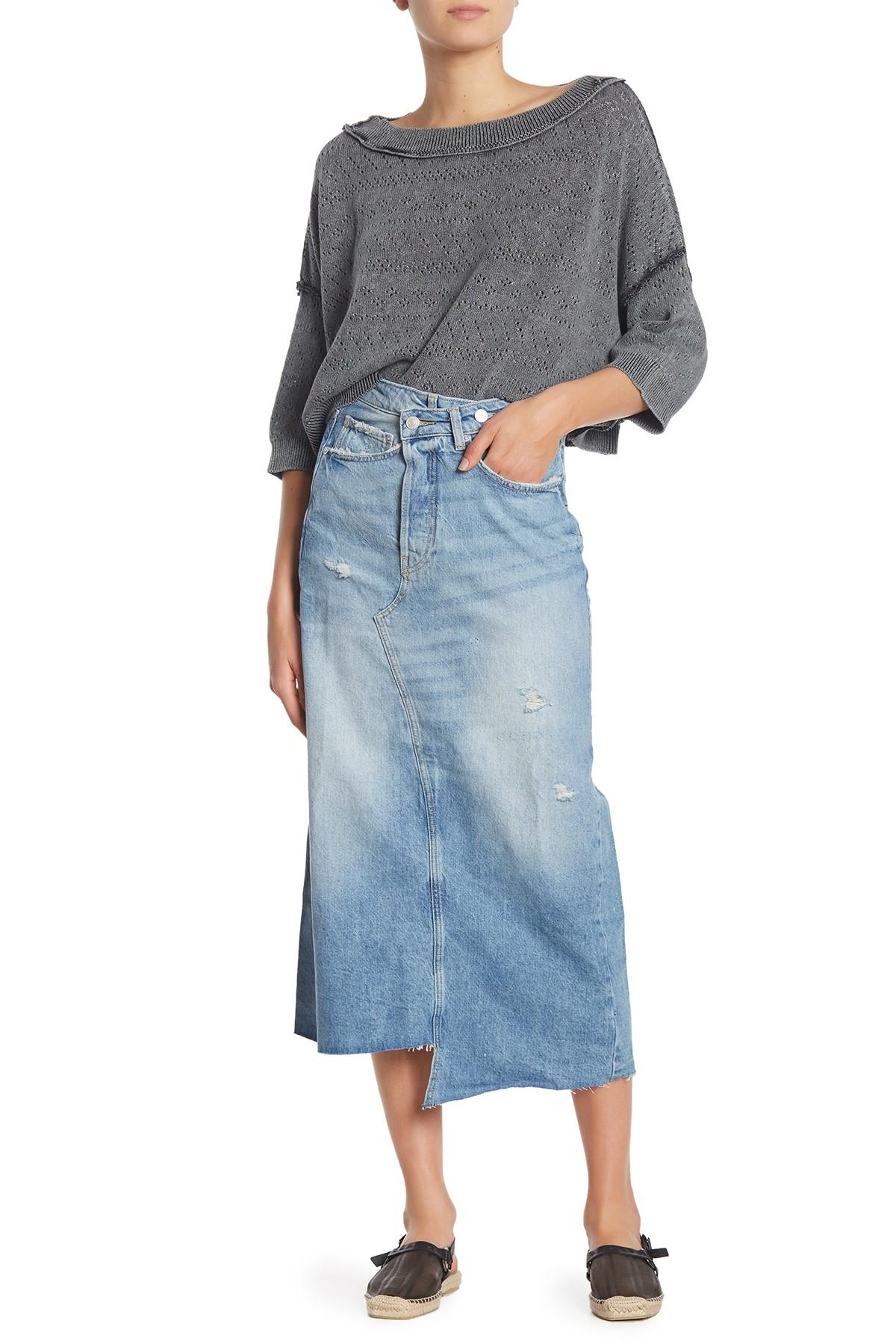 free people cotton asymmetrical denim midi skirt