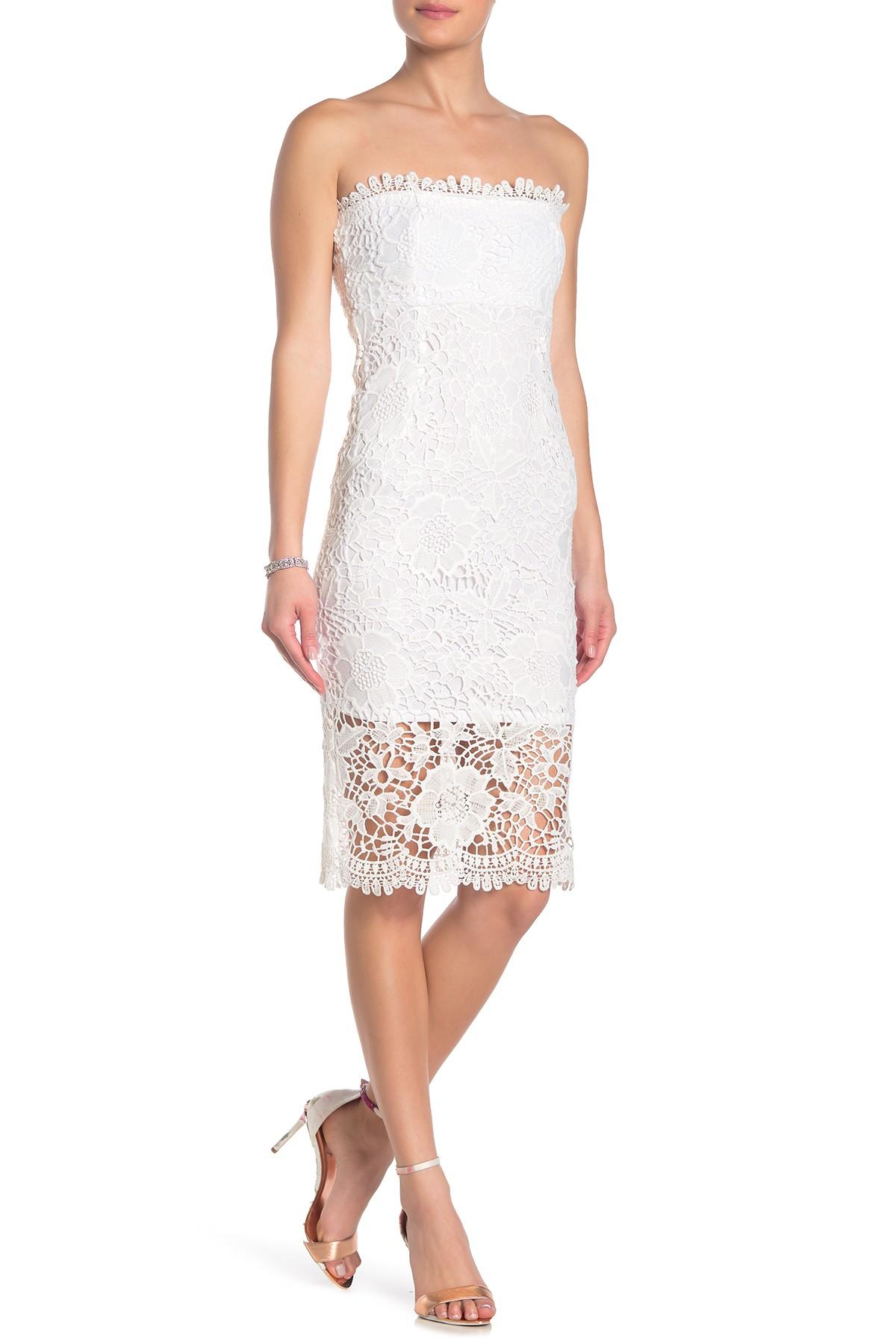 strapless lace midi dress
