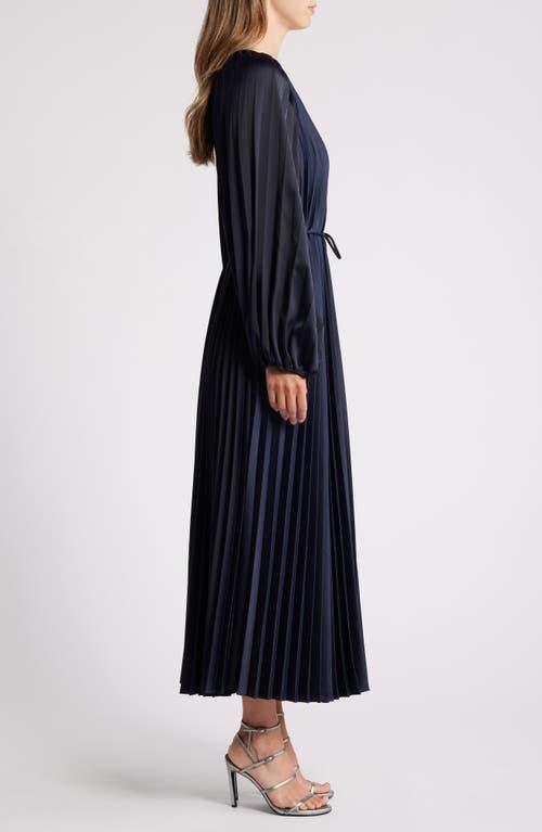 open lace back dress Blue Satin Pleated Bodice Puff Sleeve Midi Dress – PinkBlush main image 1