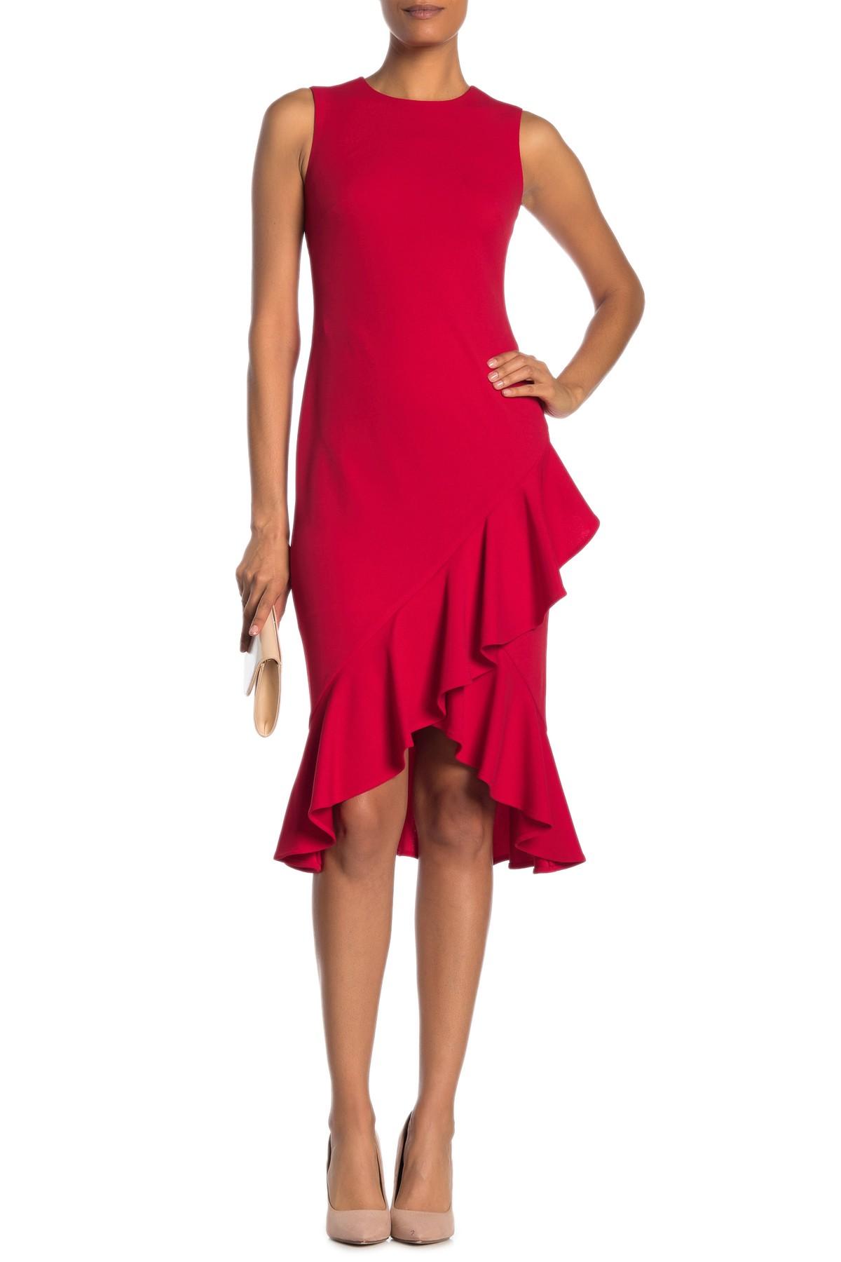 Calvin Klein Synthetic Sleeveless Ruffled High/low Midi Dress in Red Lyst