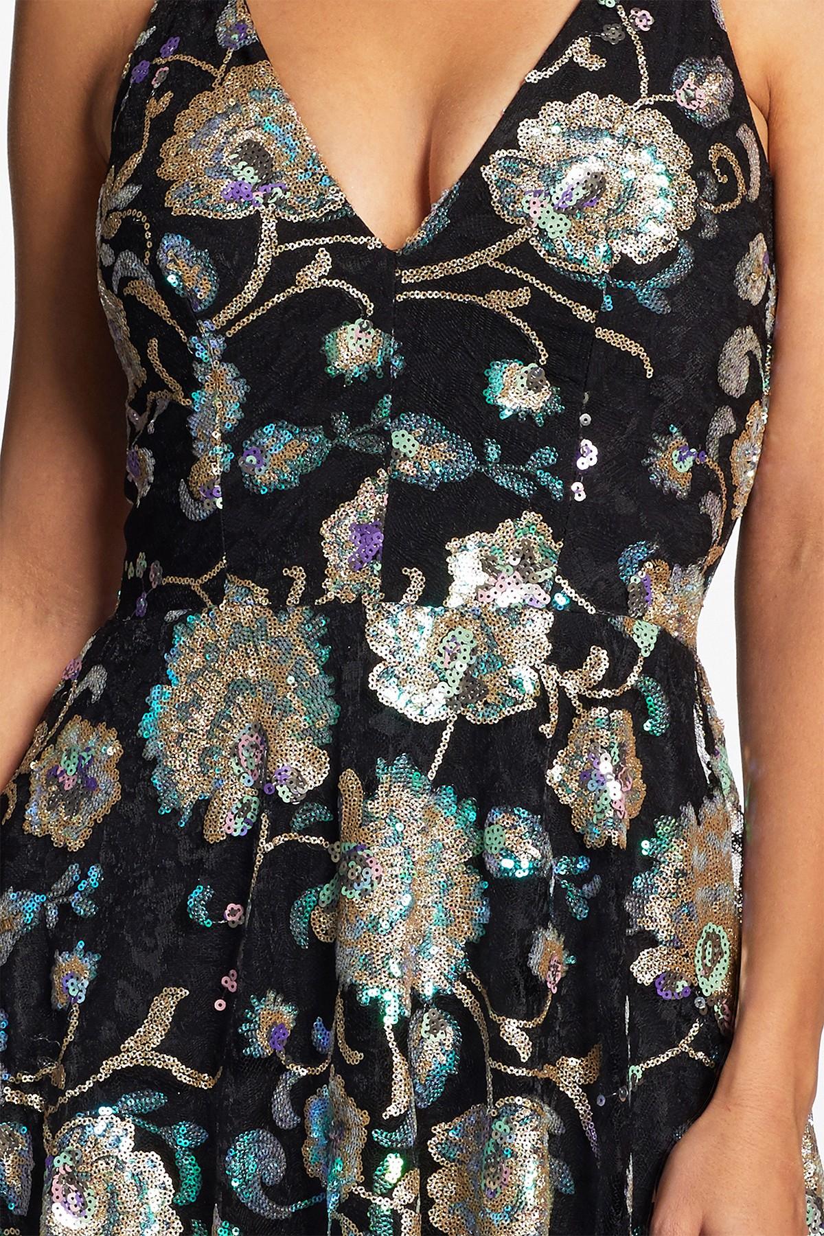 Dress the Population Lace Audrey Floral Fit & Flare Midi Dress in Black