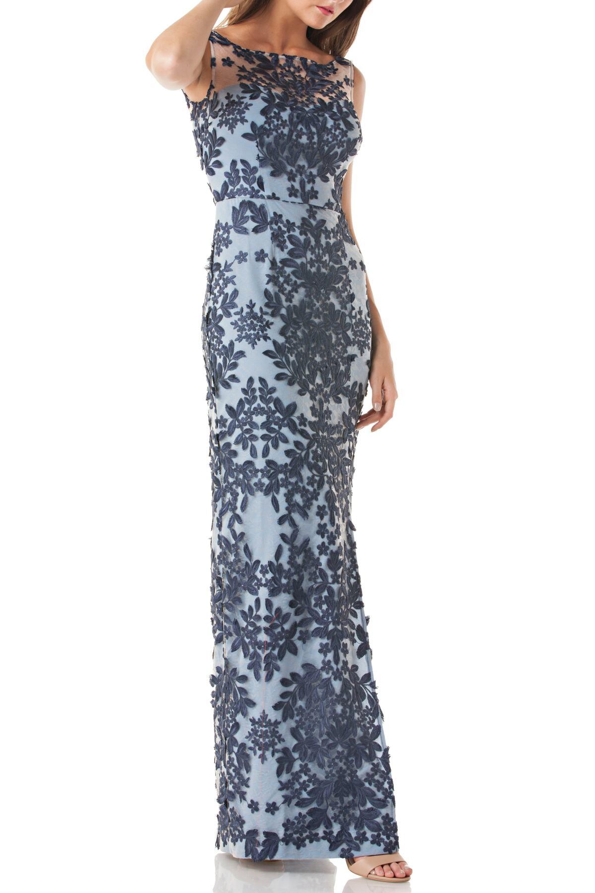 JS Collections Embroidered Floral Mesh Gown in Navy (Blue) - Lyst