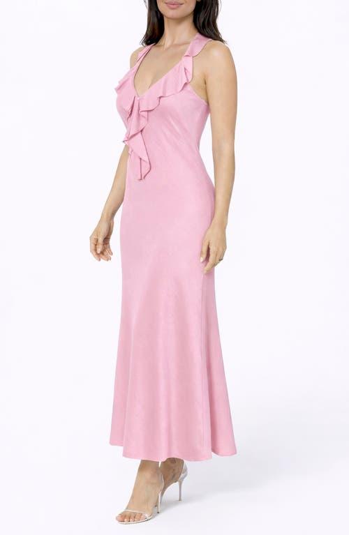 Bebe Crushed Satin Ruffle Halter Dress in Pink | Lyst