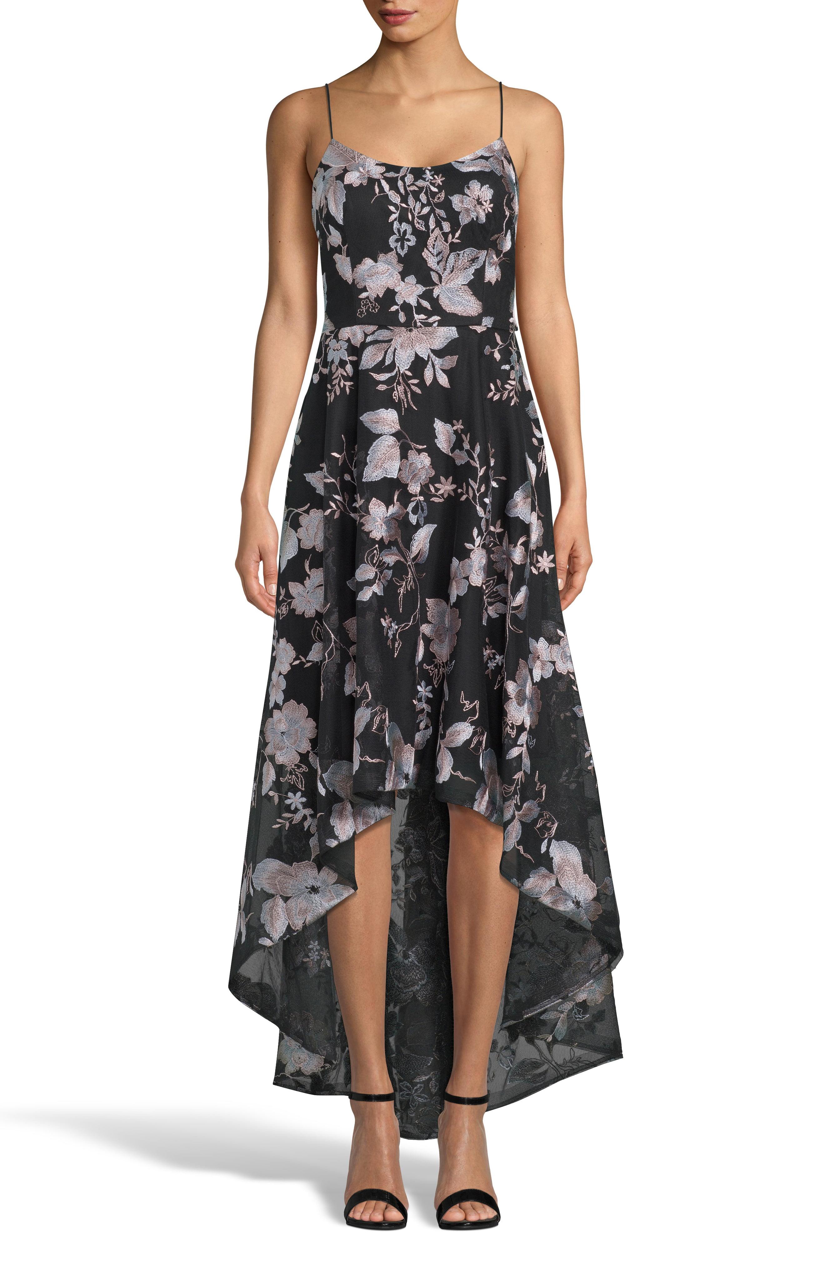 Xscape Floral Embroidery High/low Cocktail Dress in Black/Blush Floral ...