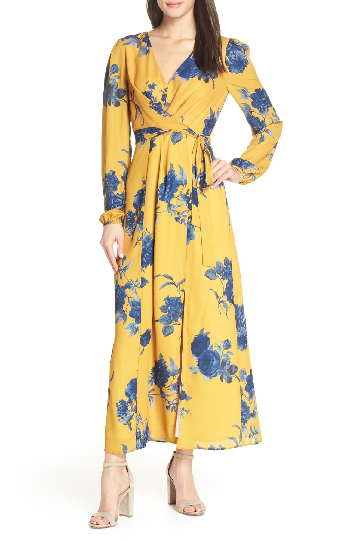 Chelsea28 Floral Print Faux Wrap Maxi Dress in Yellow Navy (Yellow) | Lyst