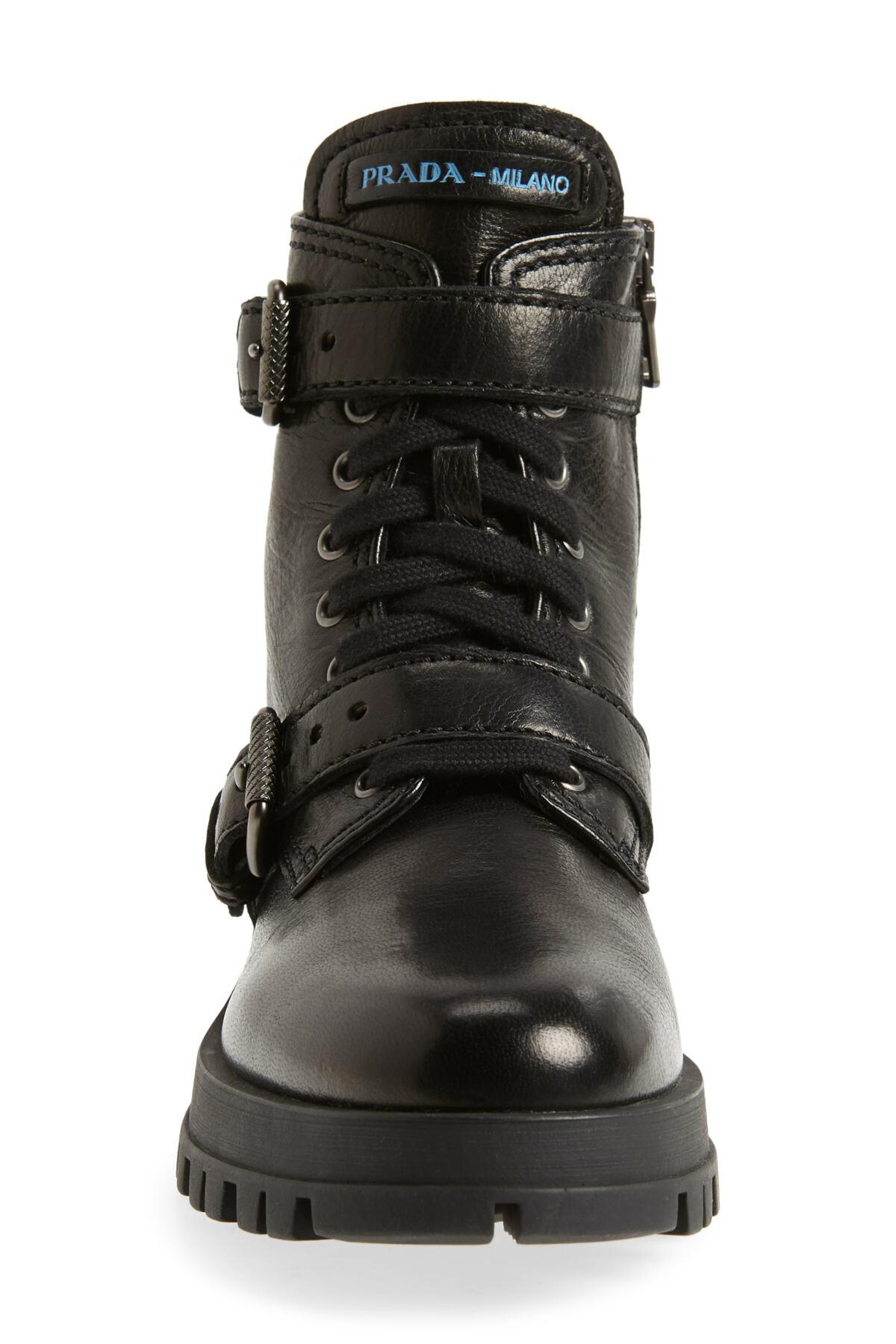 Prada Leather Buckle Combat Boots (women) in Black | Lyst