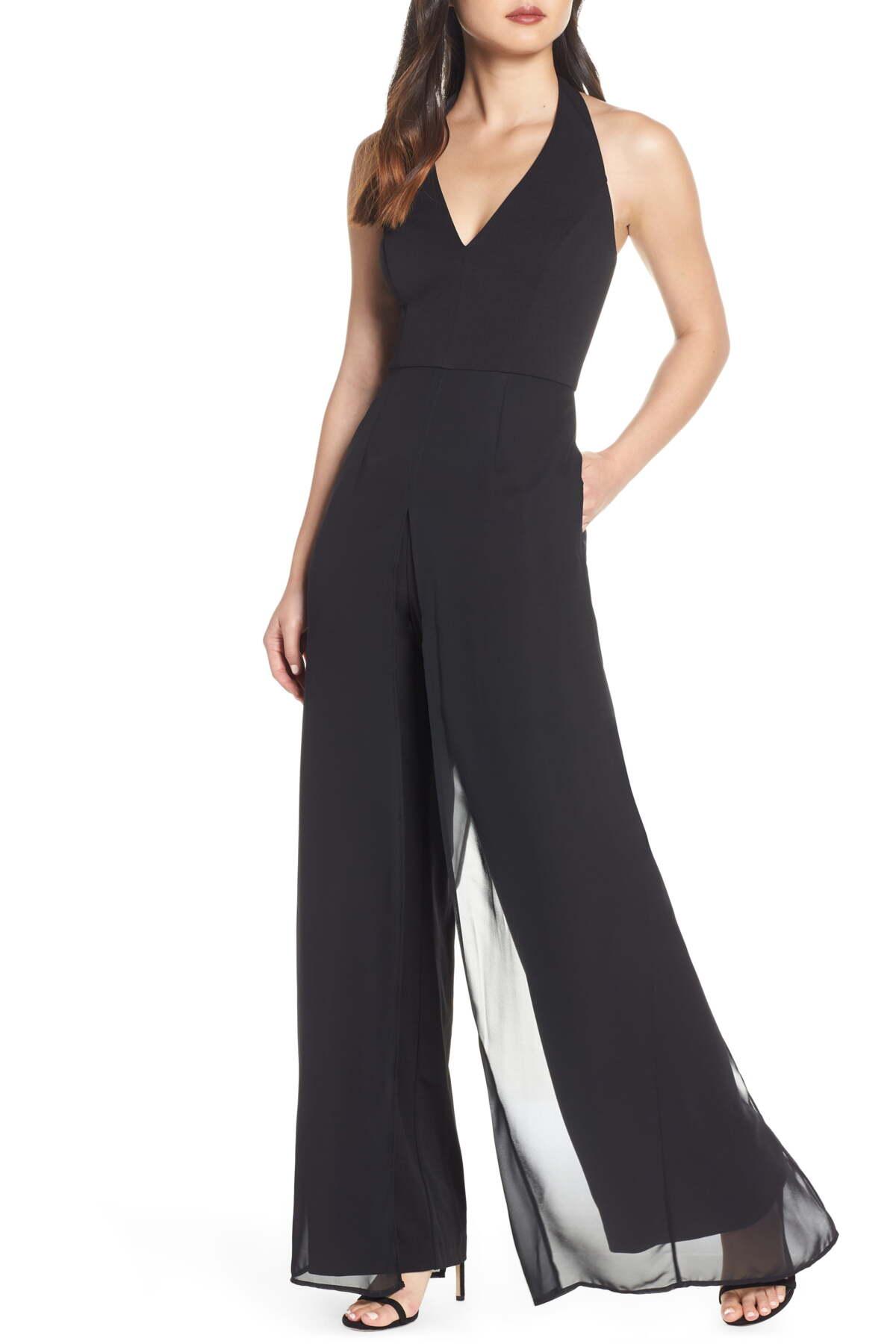 Limited Forord Produktionscenter Adrianna Papell Halter Neck Chiffon Overlay Jumpsuit in Black | Lyst