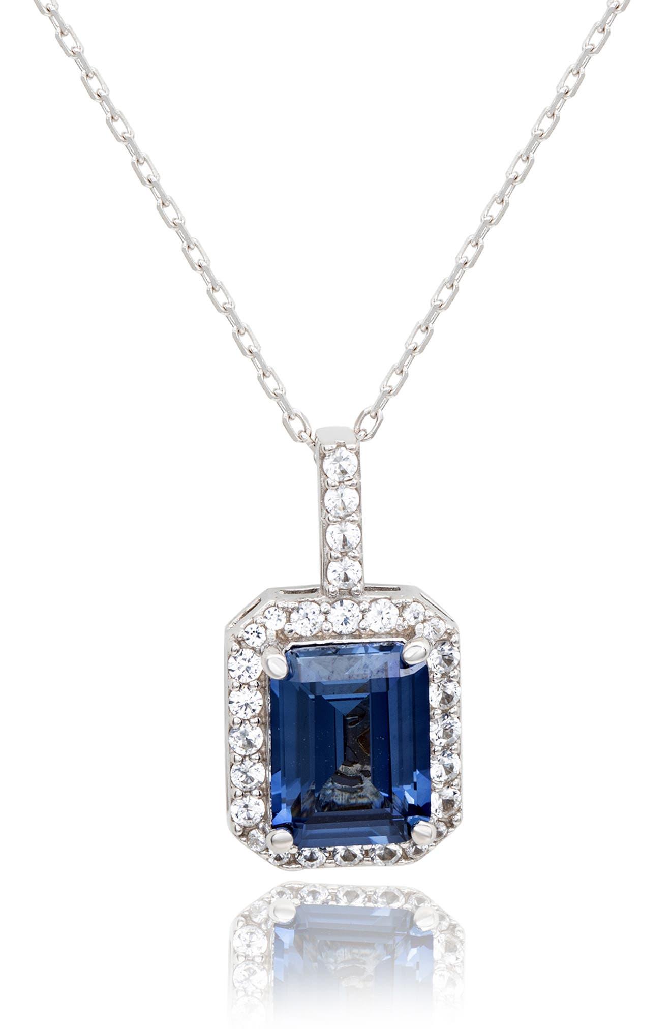 Suzy Levian Sterling Silver Emerald Cut Sapphire Pendant Necklace in ...