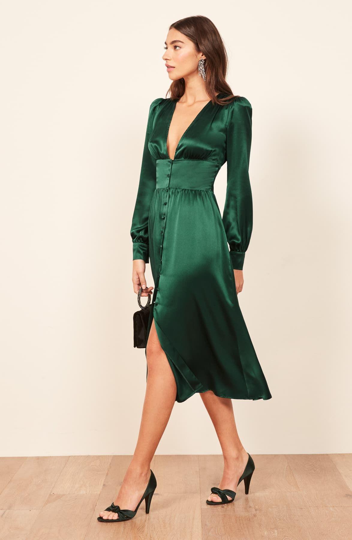 Reformation Nicola Silk Midi Dress in Green | Lyst