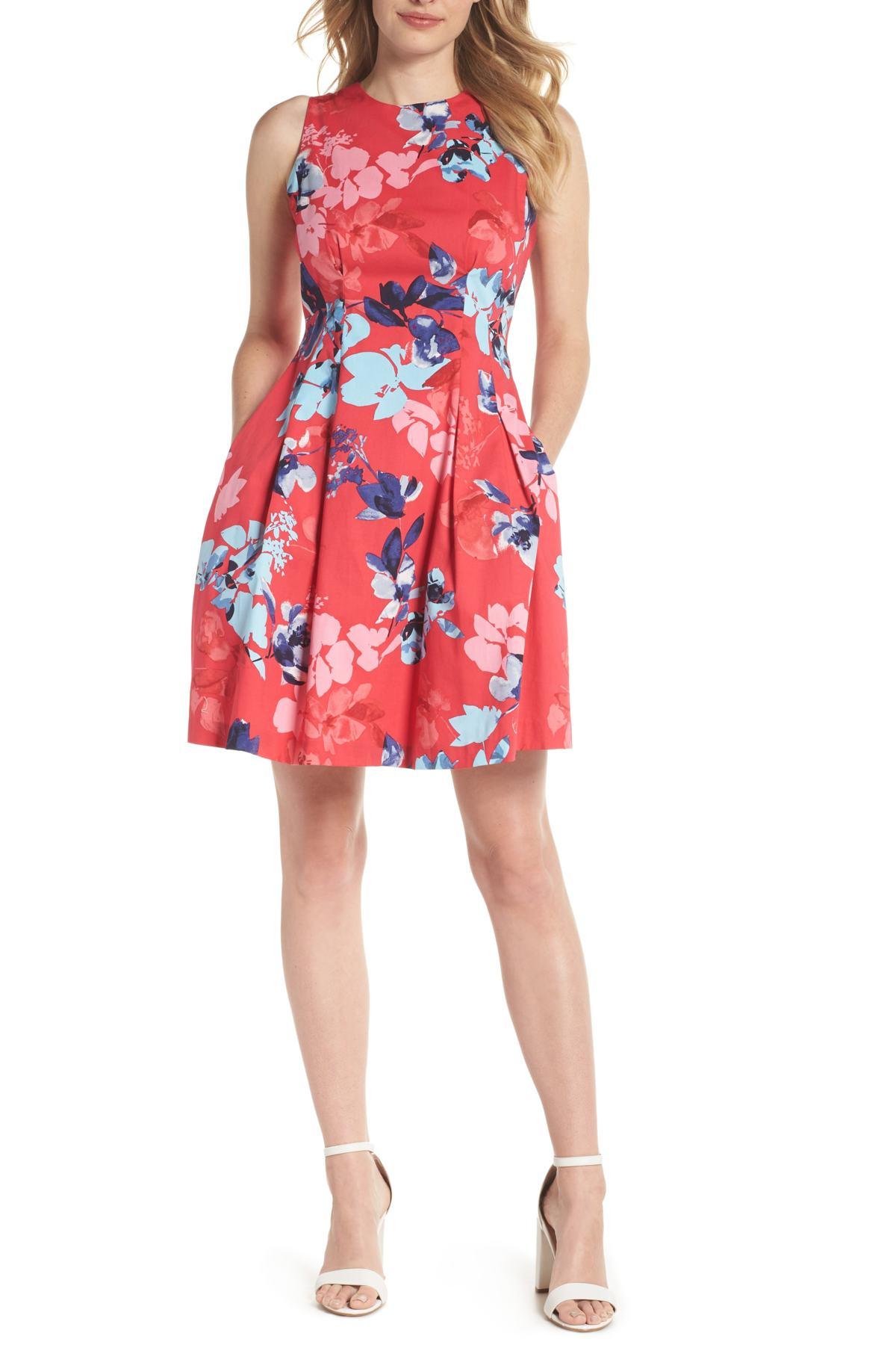 Vince Camuto Floral Cotton Fit & Flare Dress in Pink - Lyst