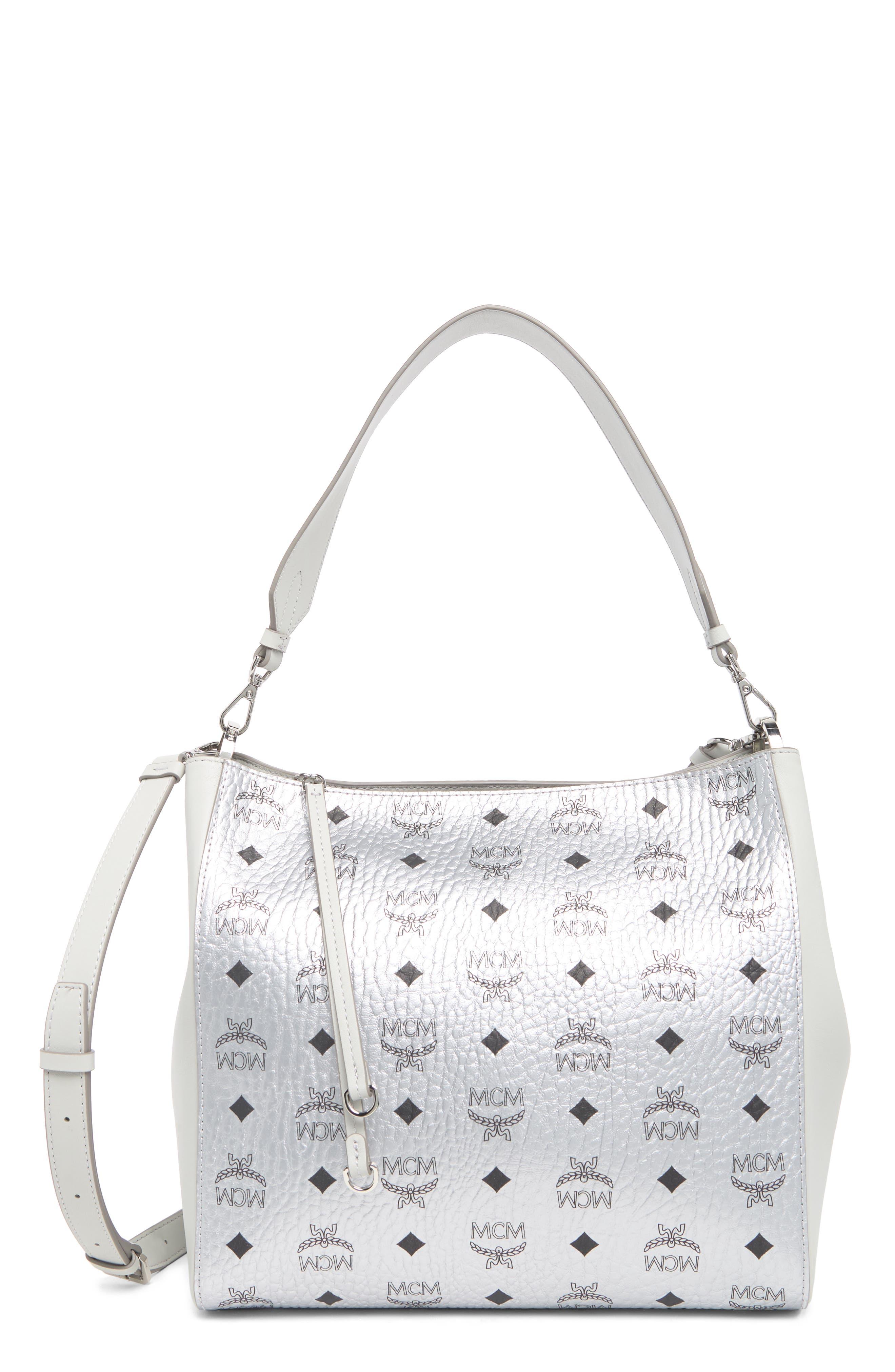 MCM Medium Aren Vi Leather Hobo Bag in White