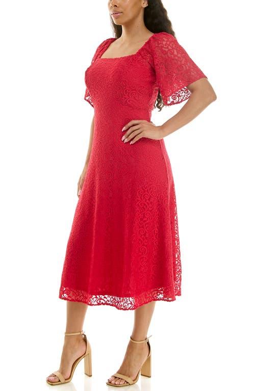 nina leonard embroidered lace yoke dress Nina Leonard Elbow-Sleeve Jewel-Neck Trapeze Dress - Red