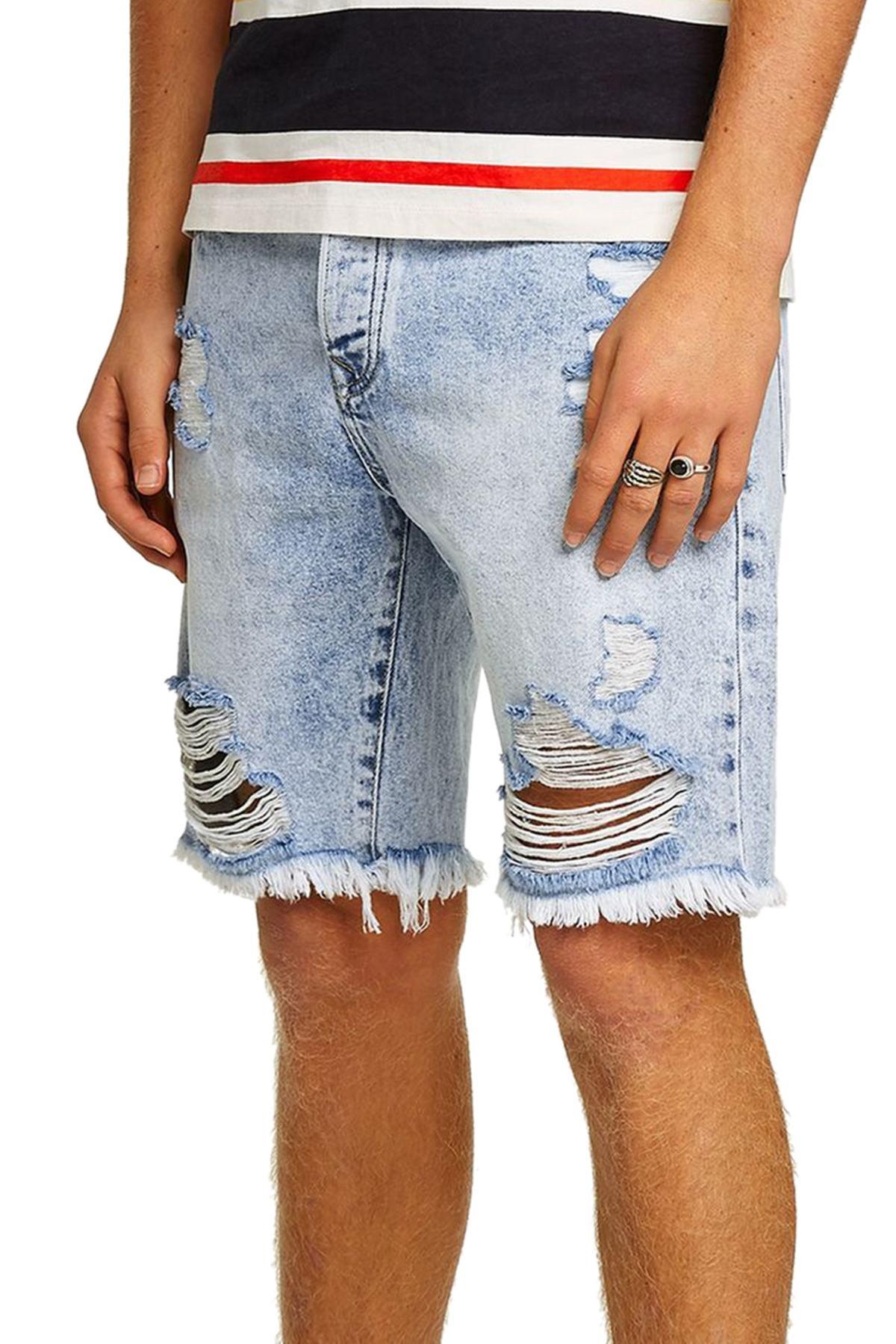 TOPMAN Slim Fit Ripped Denim Shorts in Light Blue (Blue) for Men - Lyst