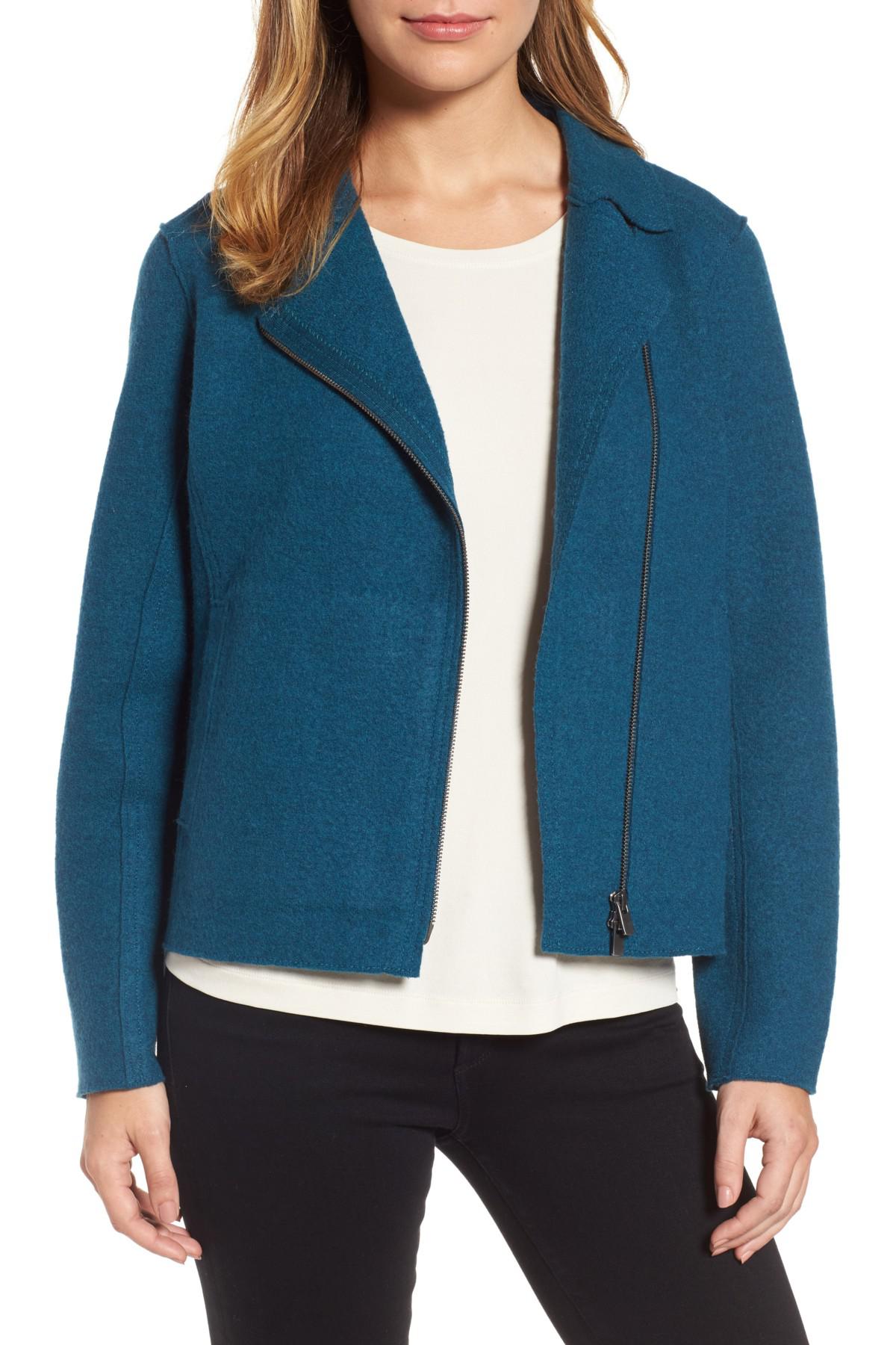 Eileen Fisher Boiled Wool Moto Jacket in Blue Lyst