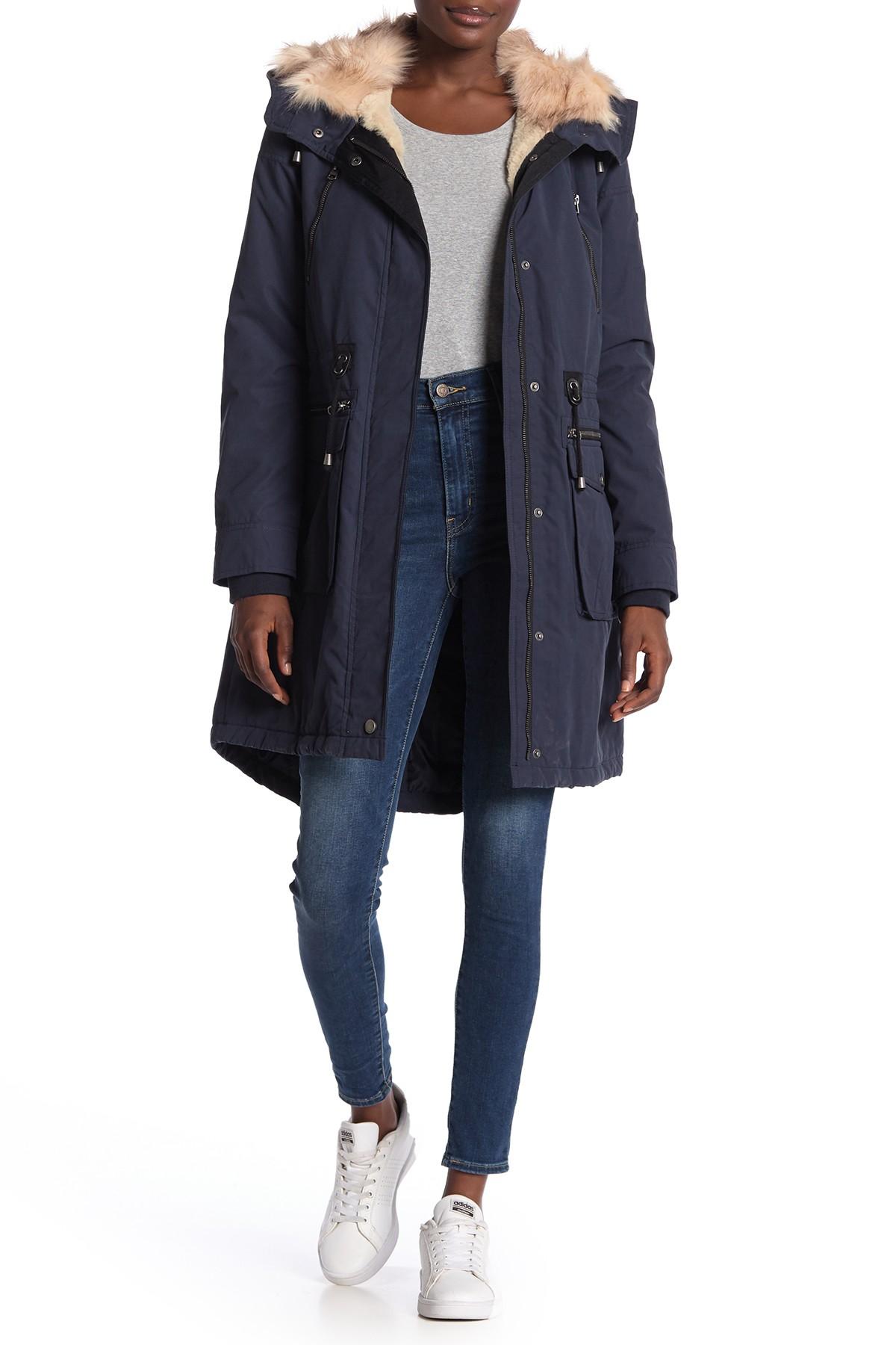 Lucky Brand Faux Fur Lined Parka in Navy (Blue) | Lyst