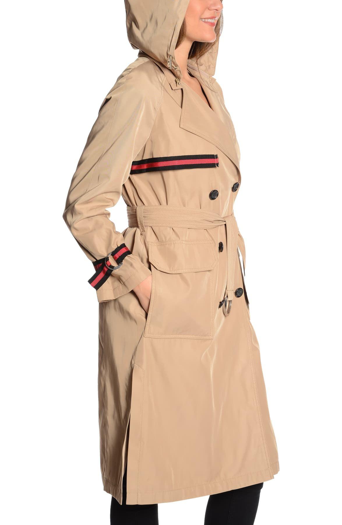 rachel double breasted long trench coat with detachable hood