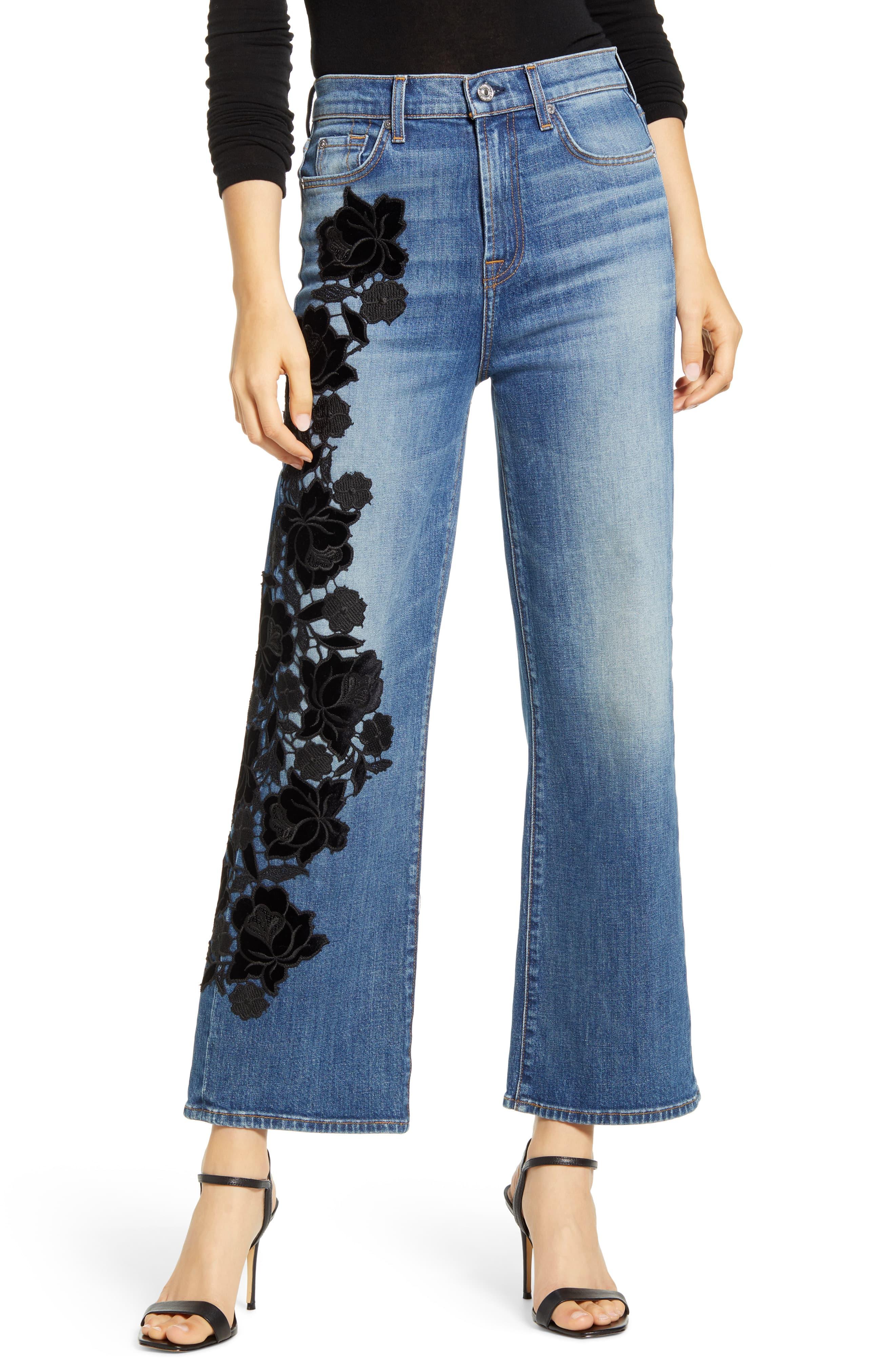 7 For All Mankind Alexa Cropped Floral Embroidered Jeans in Blue | Lyst