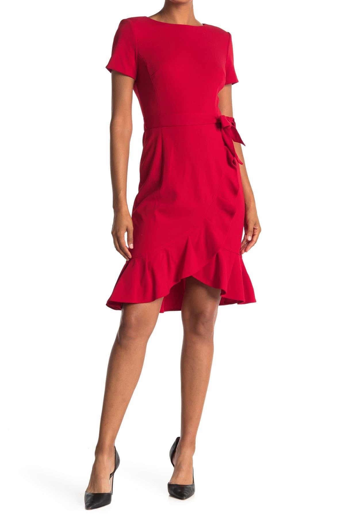 Calvin Klein Belted Ruffle Hem Dress in Red | Lyst