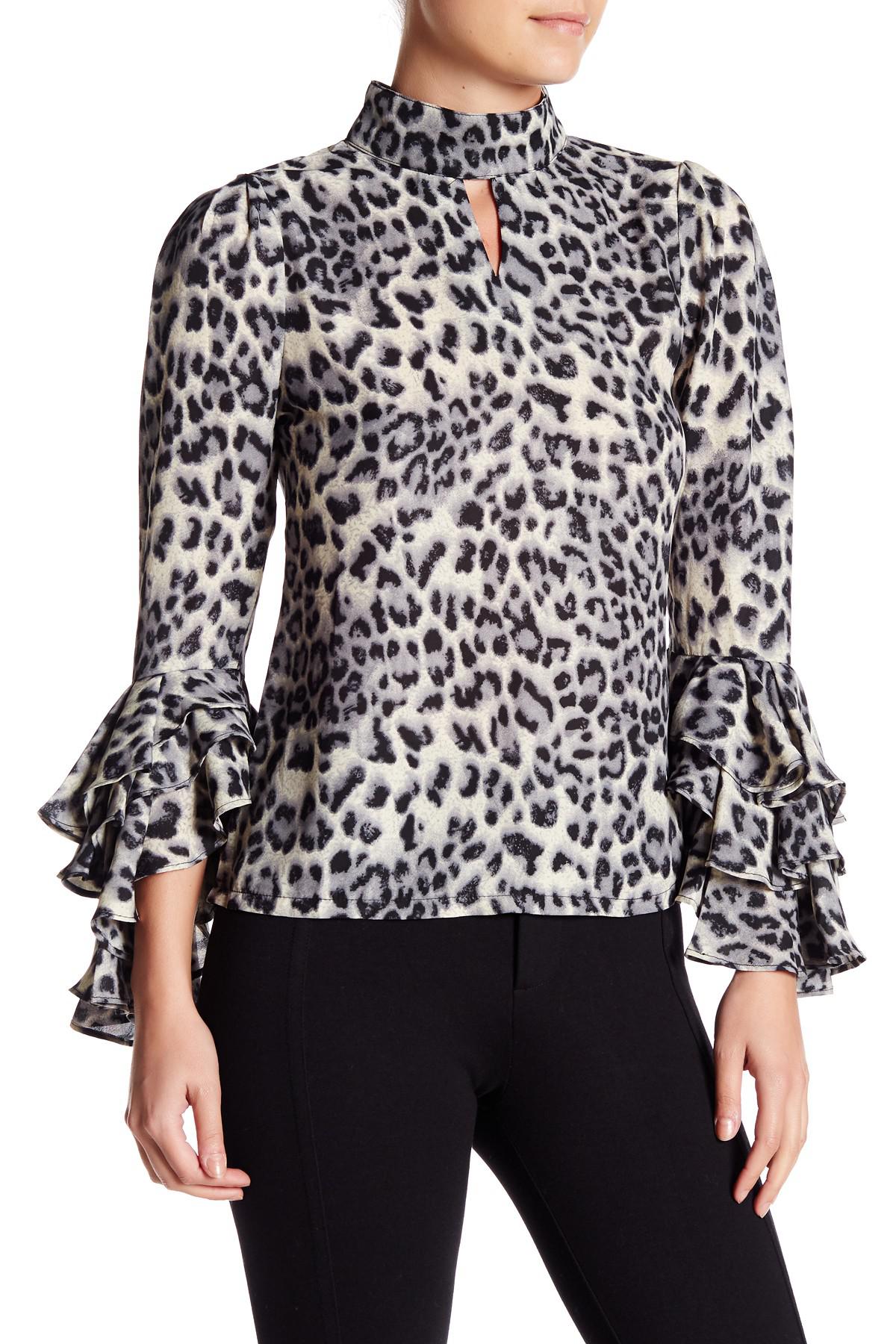Gracia Synthetic Leopard Print Ruffle Sleeve Blouse in Grey (Gray) - Lyst