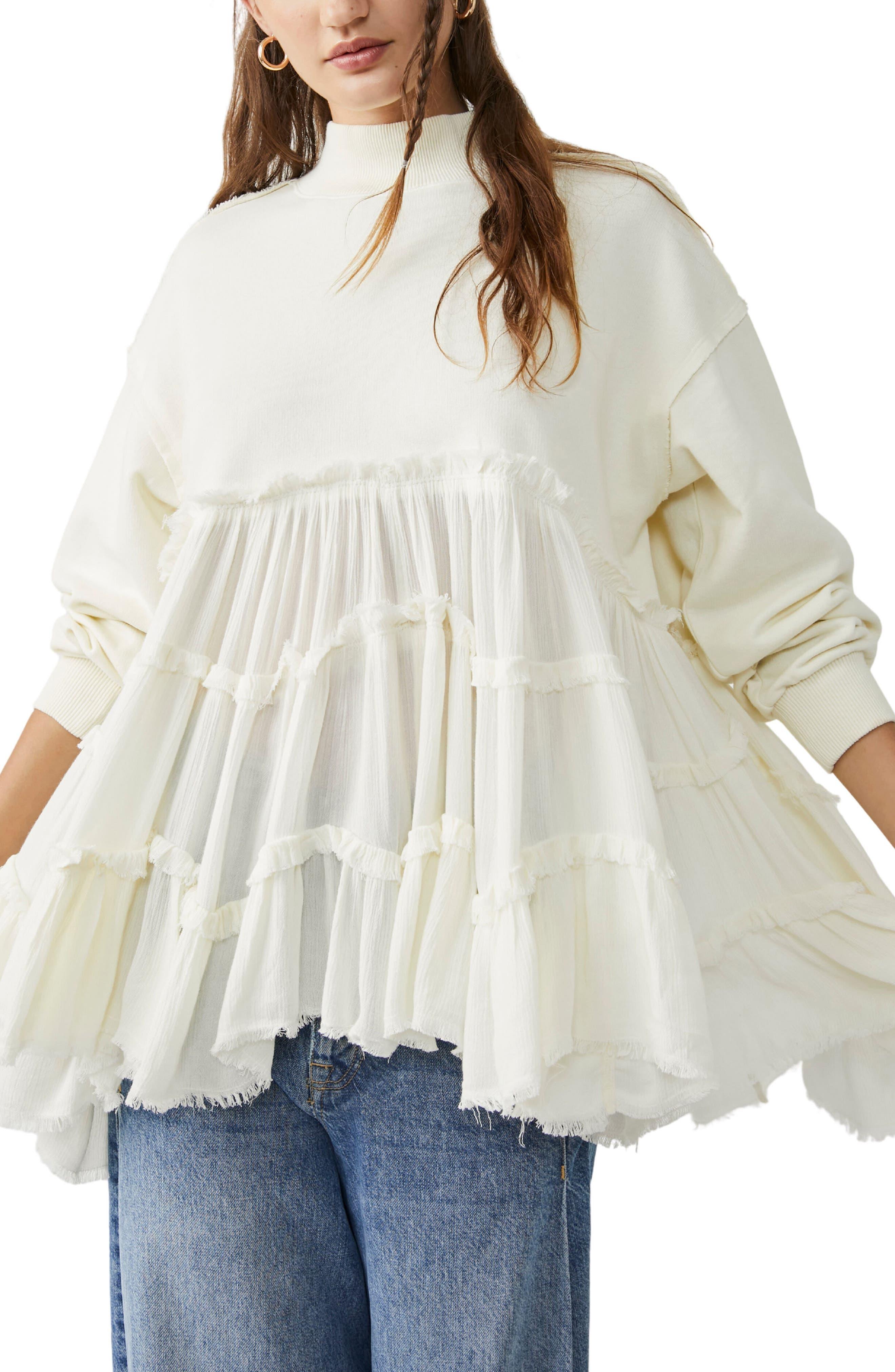 Free People Pixie Long Sleeve Babydoll Top in Natural