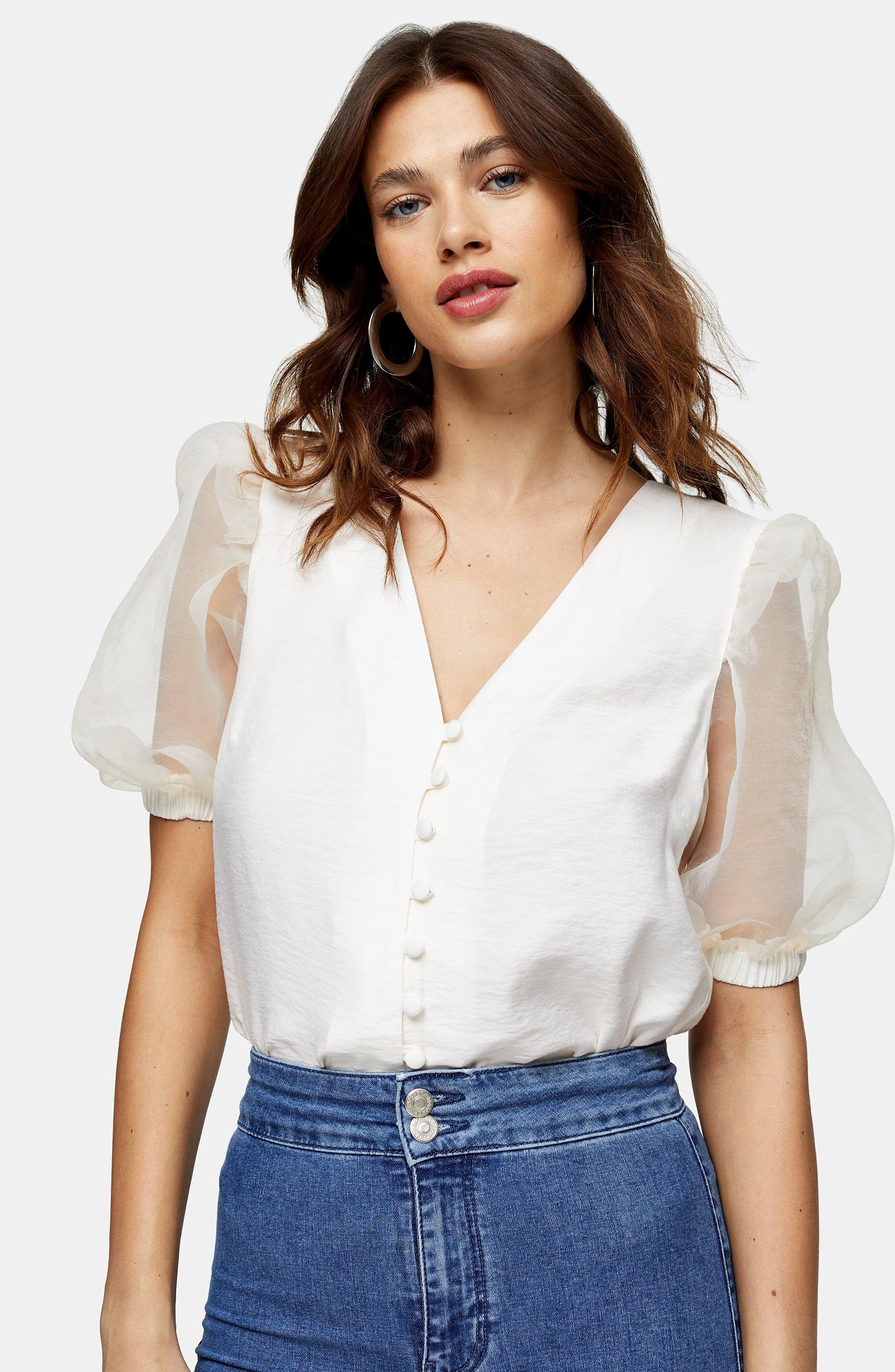 TOPSHOP Ivory Organza Sleeve Button Through Blouse in White | Lyst