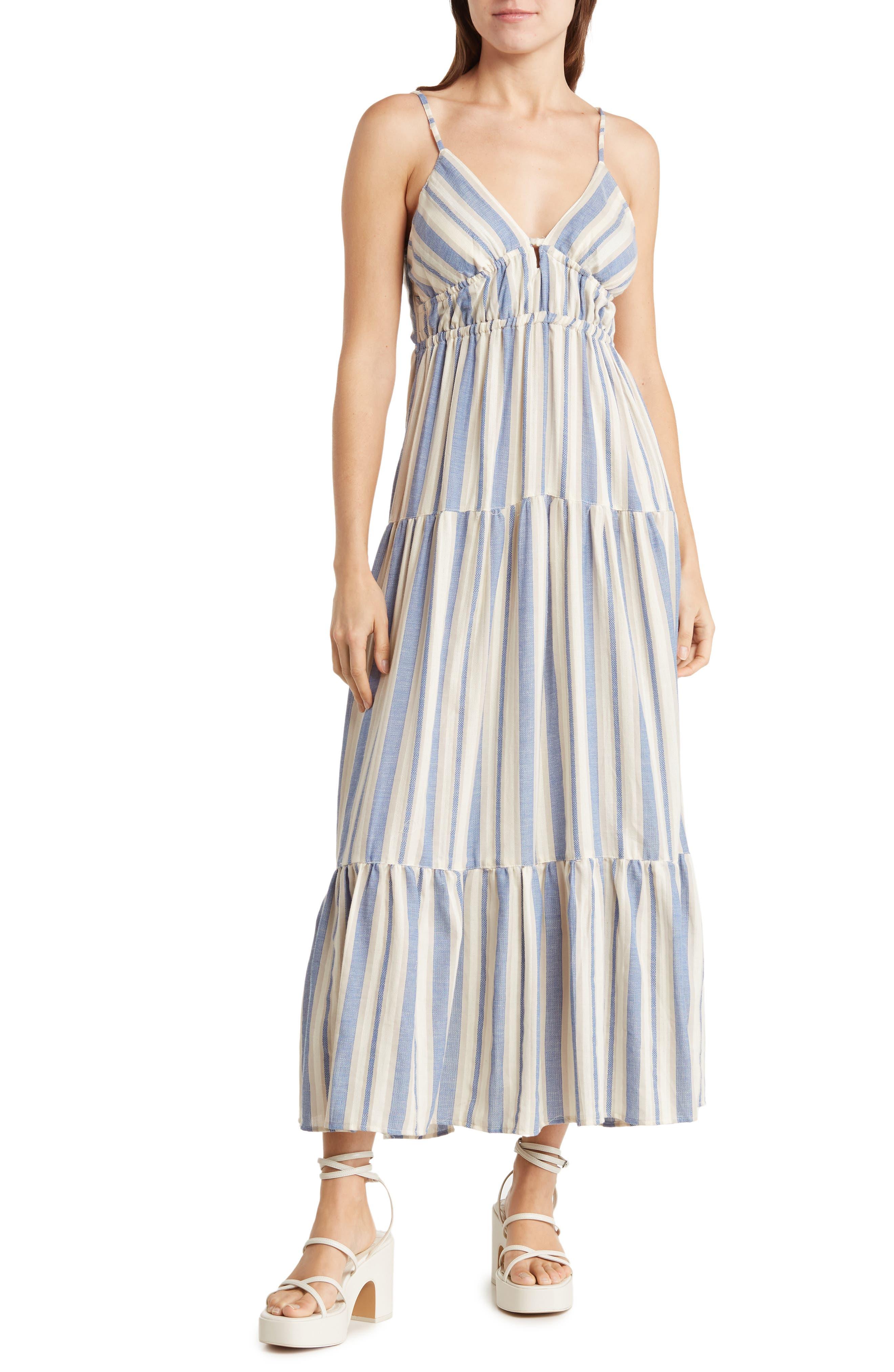 Angie Peek-a-boo Stripe Tiered Maxi Dress in Blue | Lyst