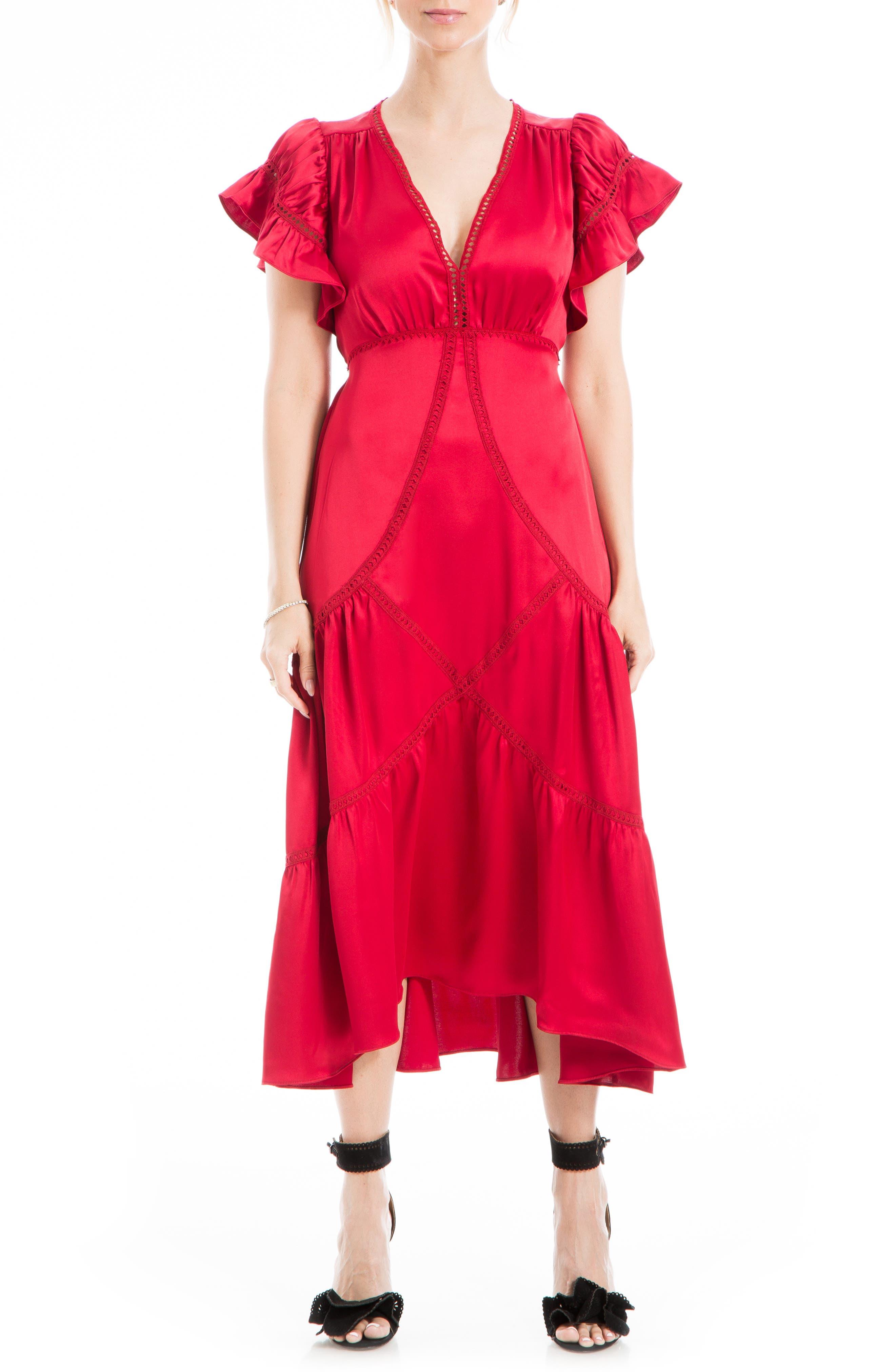 Max Studio Flutter Sleeve Satin Midi Dress in Red | Lyst