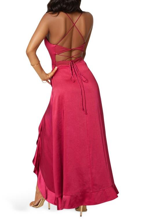 Bebe Lace-Up Back Ruffle Satin Maxi Dress in Red | Lyst