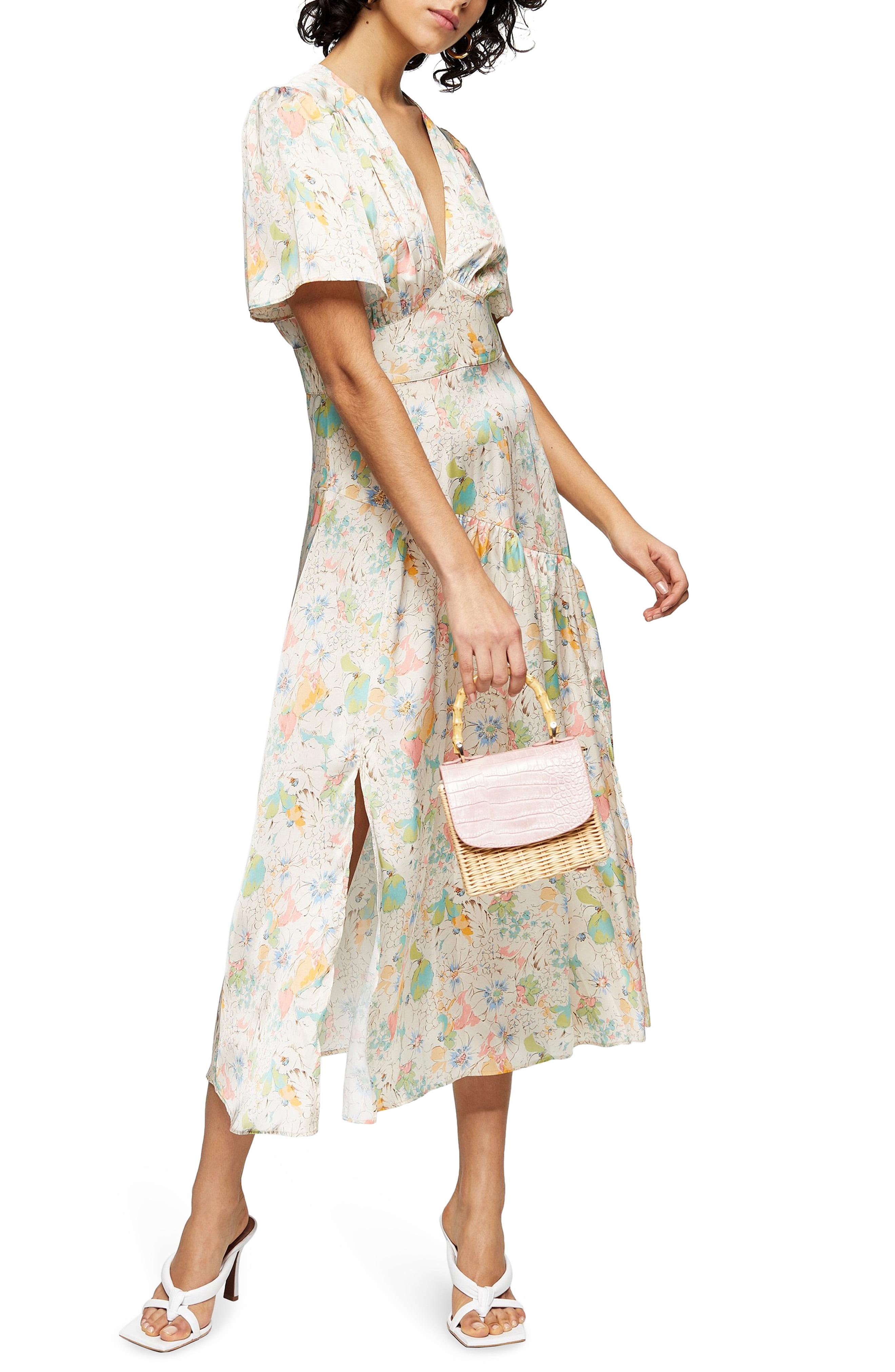 TOPSHOP Synthetic Willow Floral Print Angel Sleeve Midi Dress - Lyst