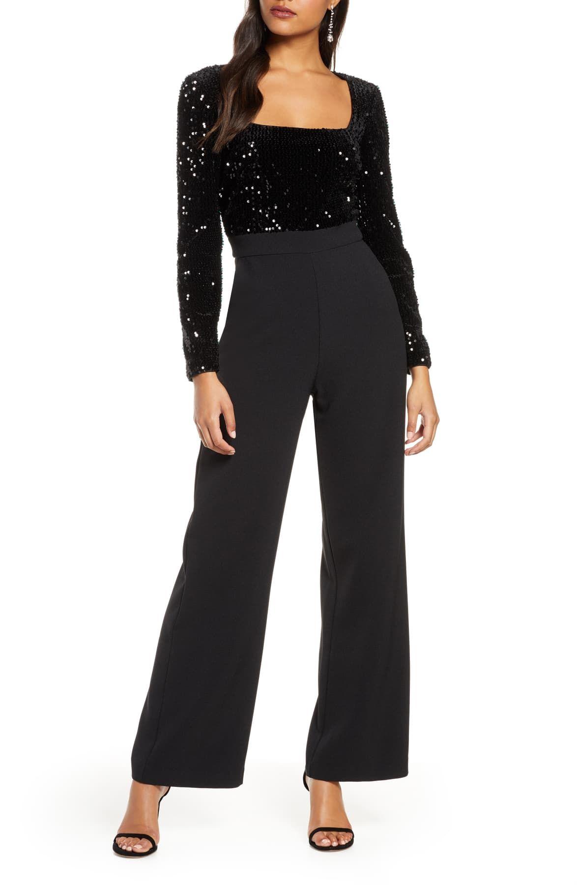 Eliza J Sequin Long Sleeve Jumpsuit in Black | Lyst