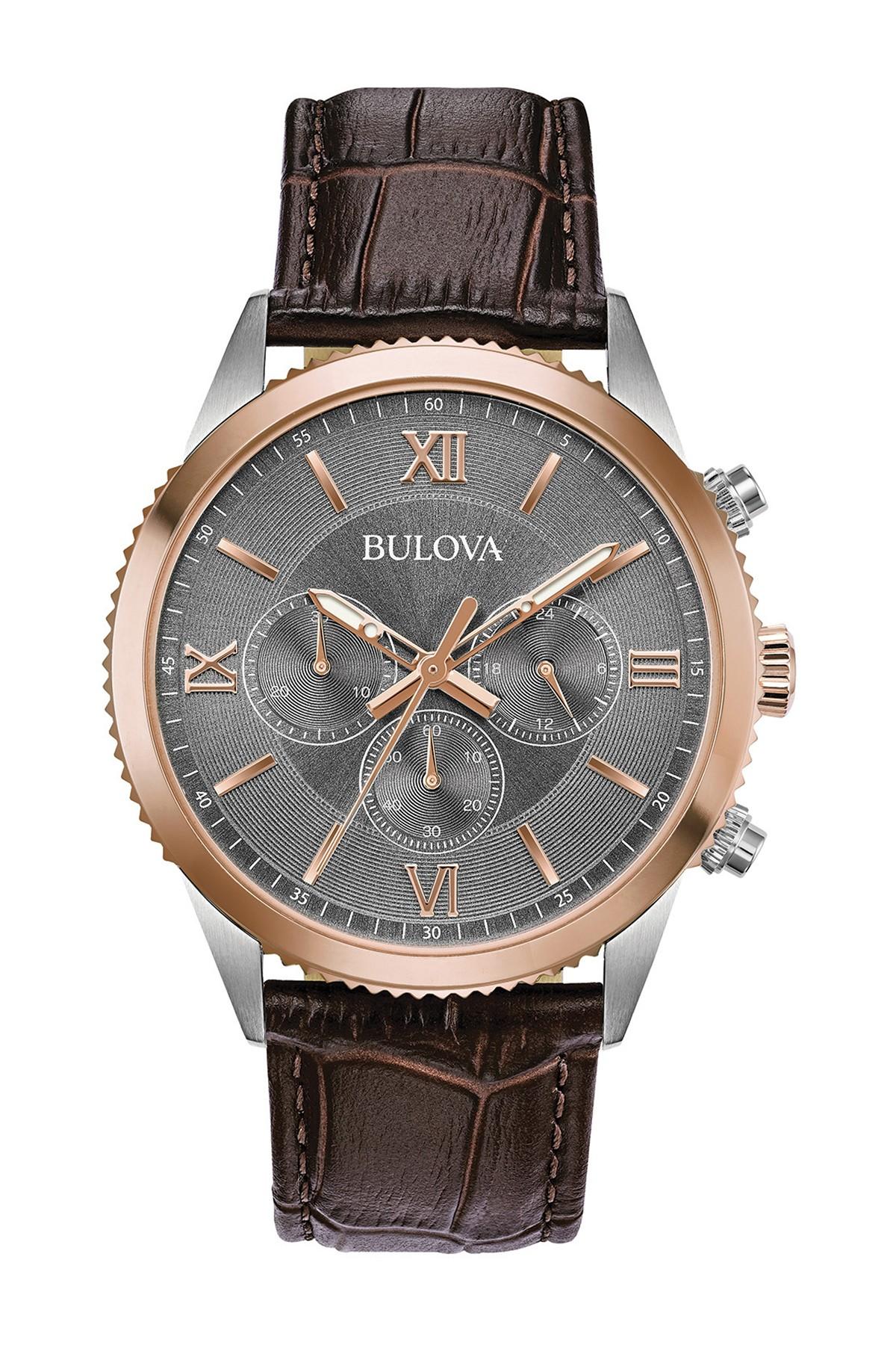 Bulova Leather Men's Chronograph Rose-gold Tone Strap Watch, 42mm in ...