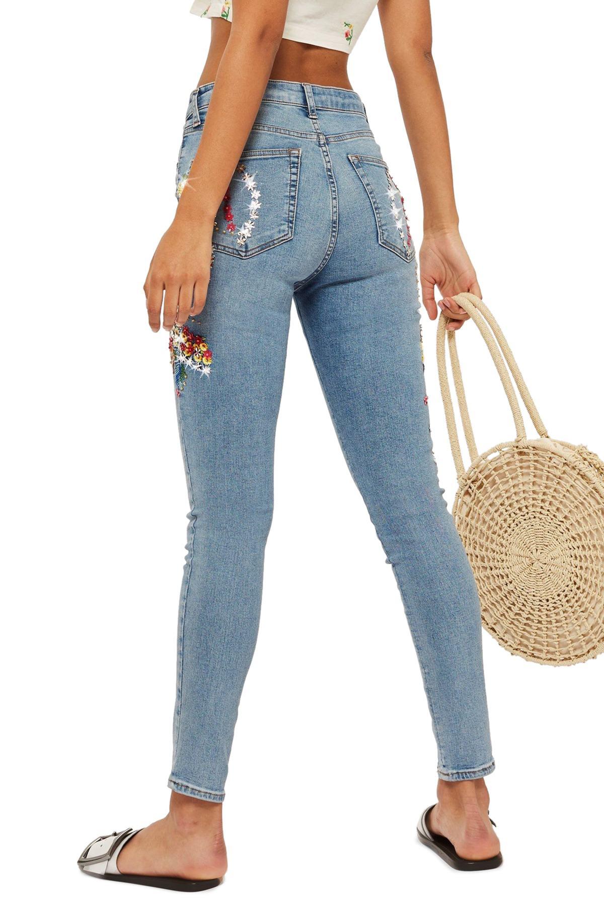 TOPSHOP Moto Jamie Ditzy Embroidered Jeans in Blue | Lyst