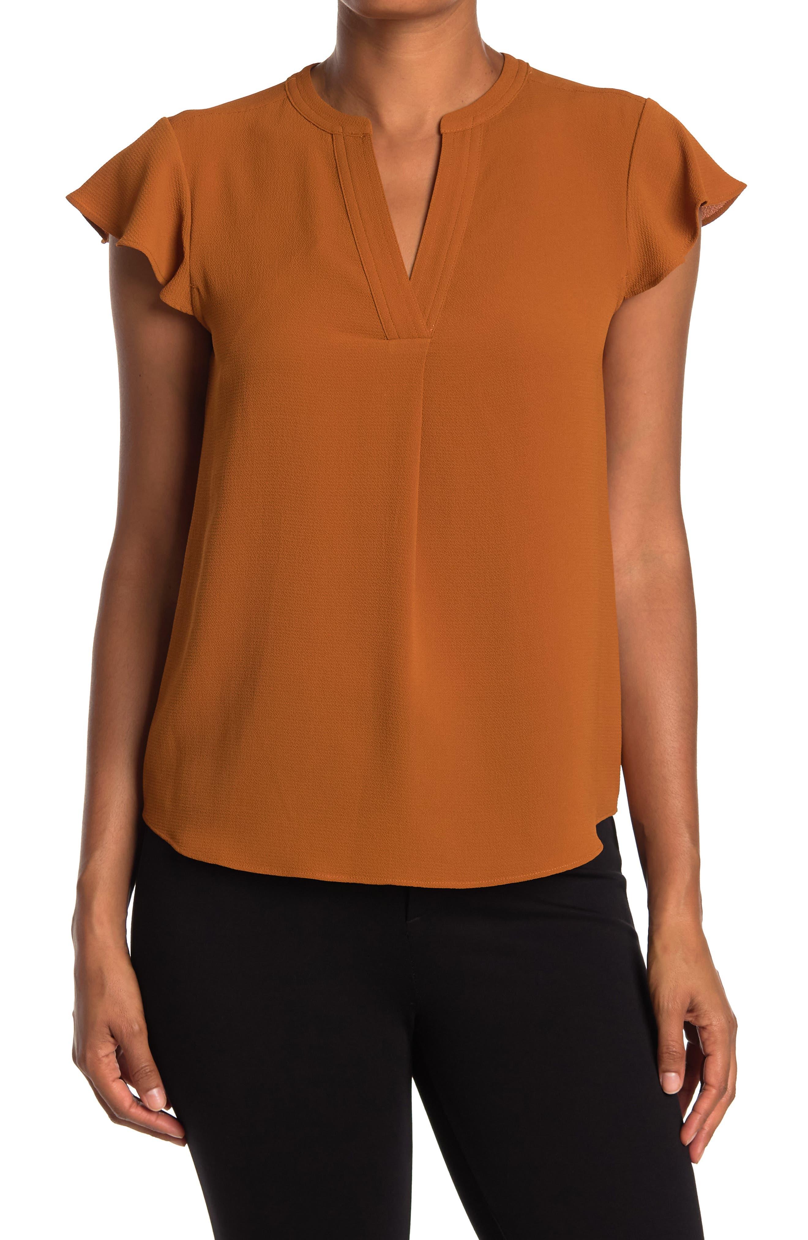 Calvin Klein Split Neck Flutter Cap Sleeve Top in Orange | Lyst